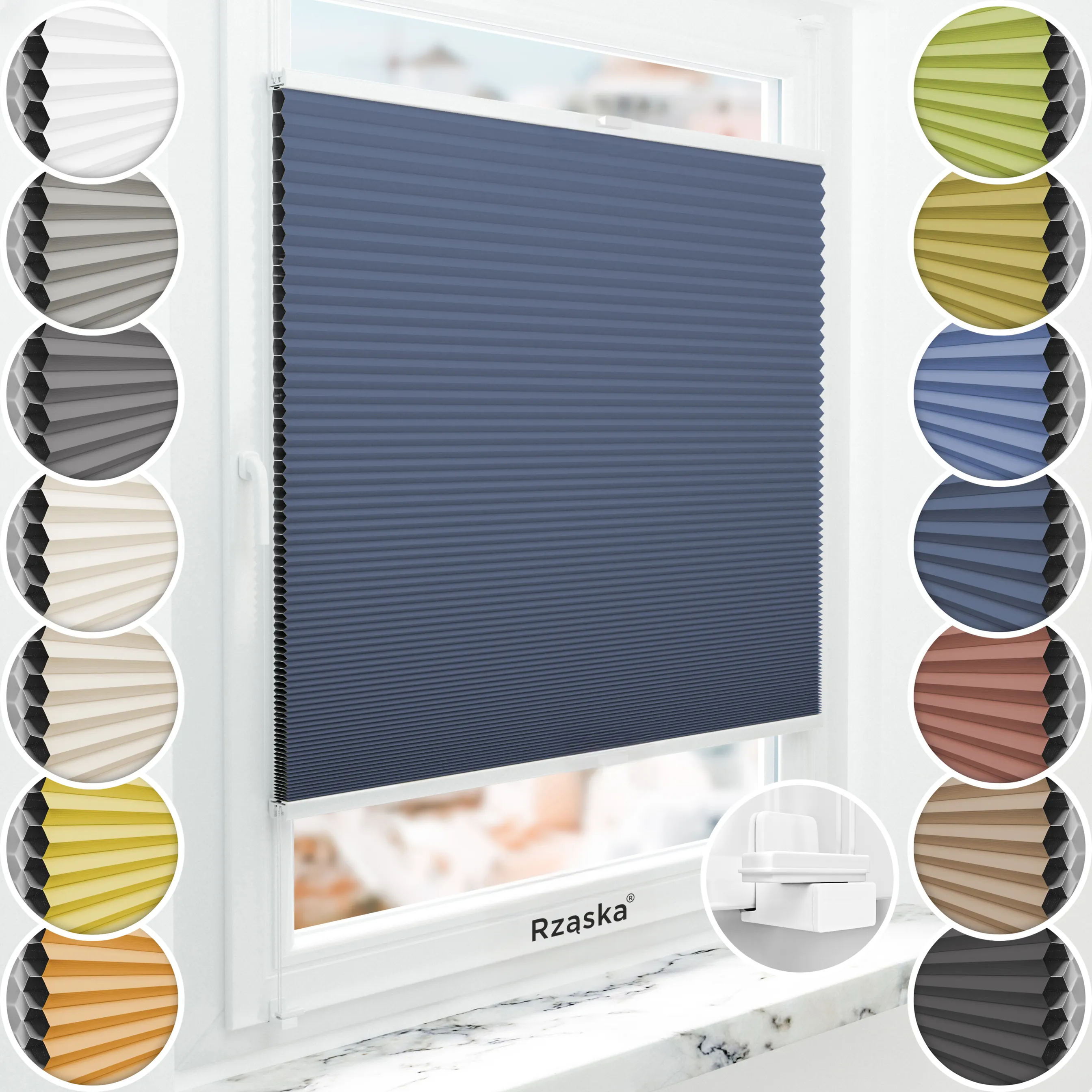 Bezinwazyjne plisy Blackout Rząska® na wymiar o strukturze plastra miodu kolekcja Honeycomb w kolorze Arktyczny ocean, ciemnoniebieskim z profilem białym.