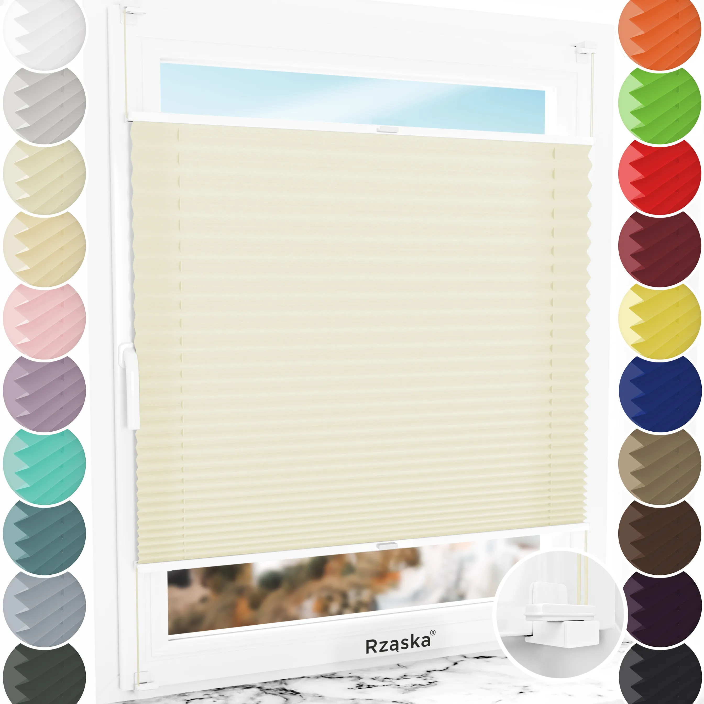 Bezinwazyjne plisy do okien Rząska® na wymiar, uchwyty Risinfix do zaciskania na imbus, kolekcja Premium w kolorze Lody waniliowe, kremowym z profilem białym.