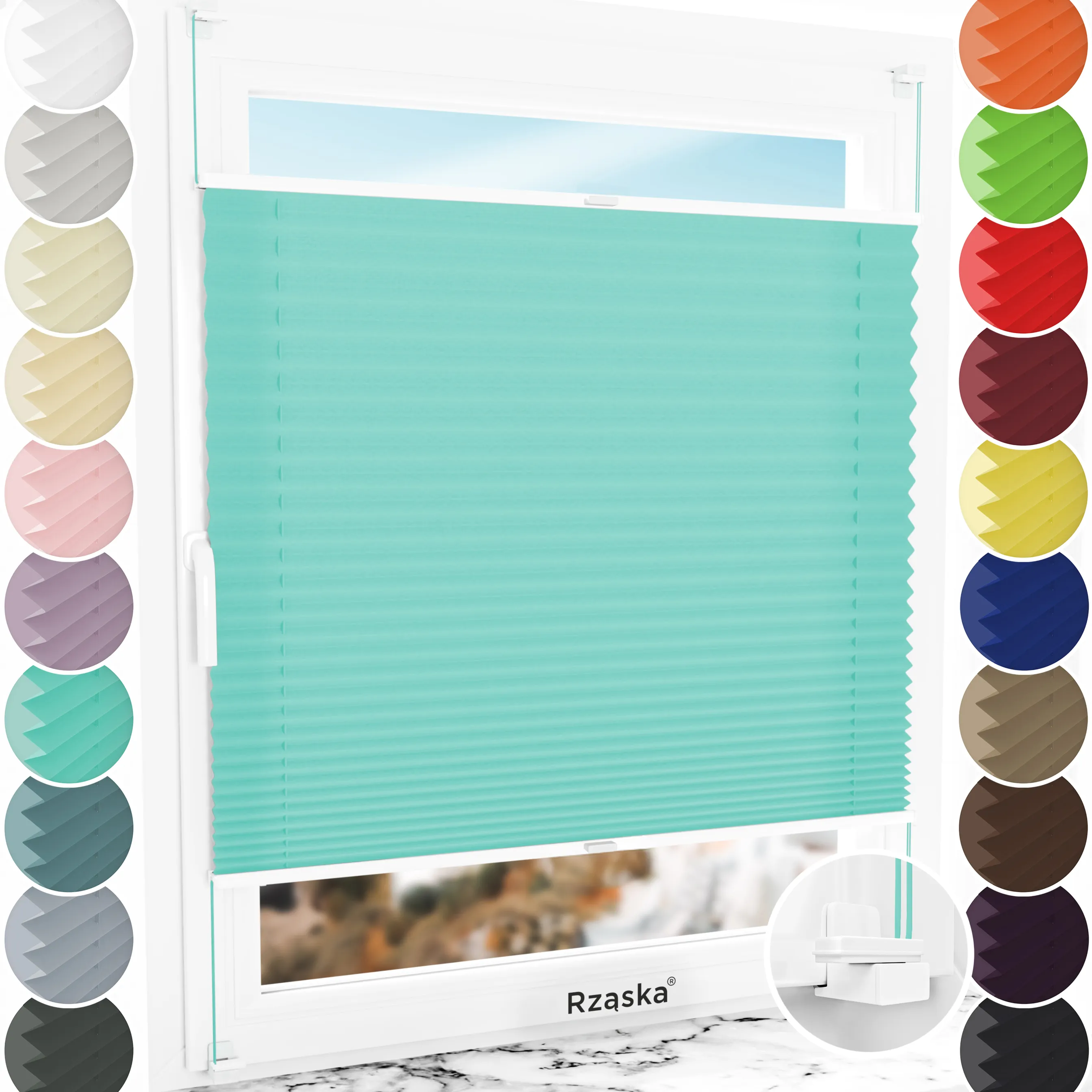 Bezinwazyjne plisy do okien Rząska® na wymiar, uchwyty Risinfix do zaciskania na imbus, kolekcja Premium w kolorze Błękitny ocean, turkusowym z profilem białym.