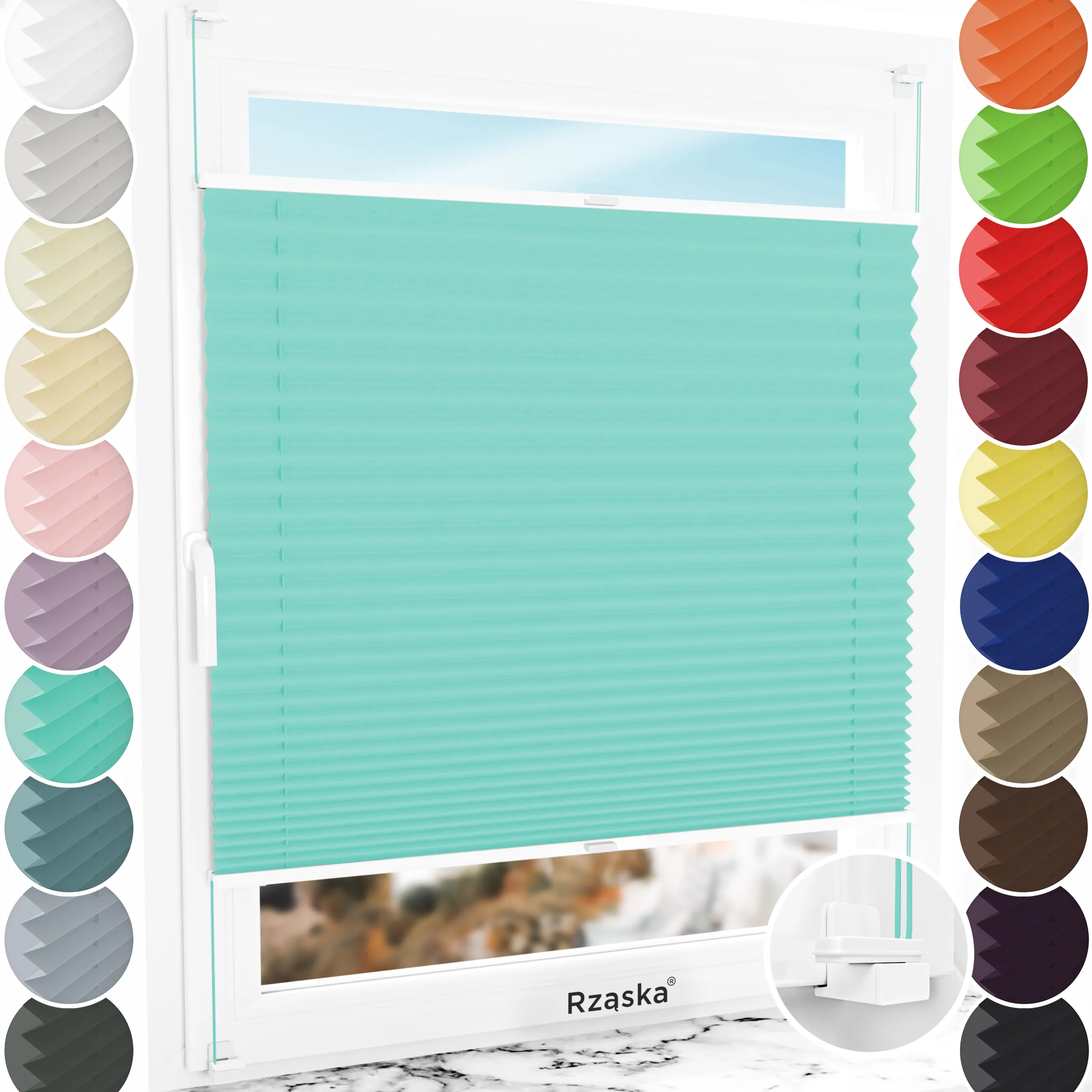 Bezinwazyjne rolety termoizolacyjne Rząska® na wymiar, uchwyty Risinfix do zaciskania na imbus, kolekcja Thermo w kolorze Melodia przypływu, turkusowym z profilem białym.