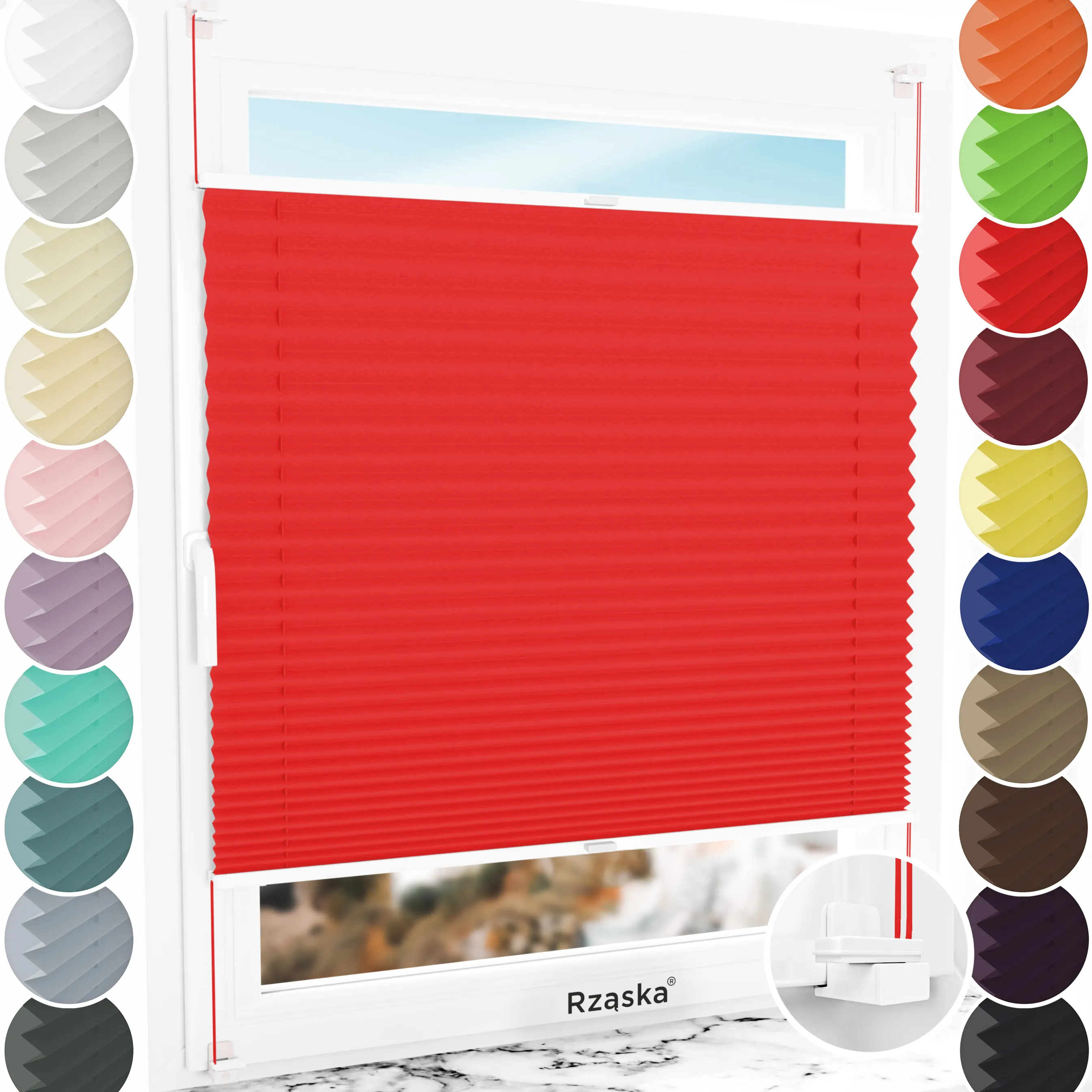 Bezinwazyjne rolety termoizolacyjne Rząska® na wymiar, uchwyty Risinfix do zaciskania na imbus, kolekcja Thermo w kolorze Urok wiśni, czerwonym z profilem białym.
