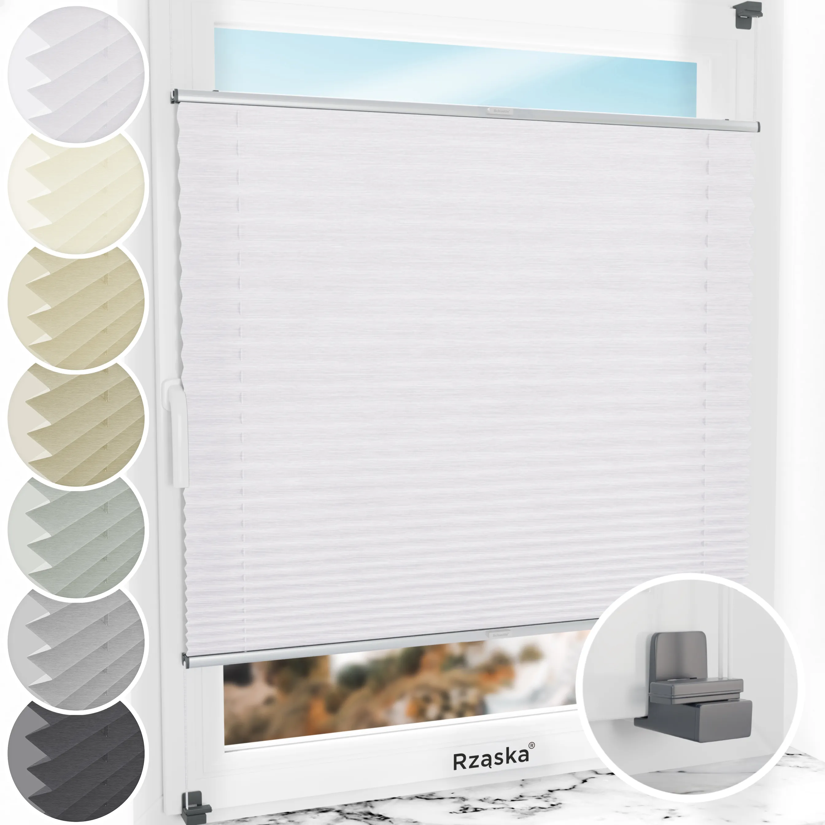 Bezinwazyjne rolety plisowane Rząska® na wymiar, uchwyty Risinfix do zaciskania na imbus, kolekcja Dolomite w kolorze Zimny poranek, szarym z profilem srebrnym.