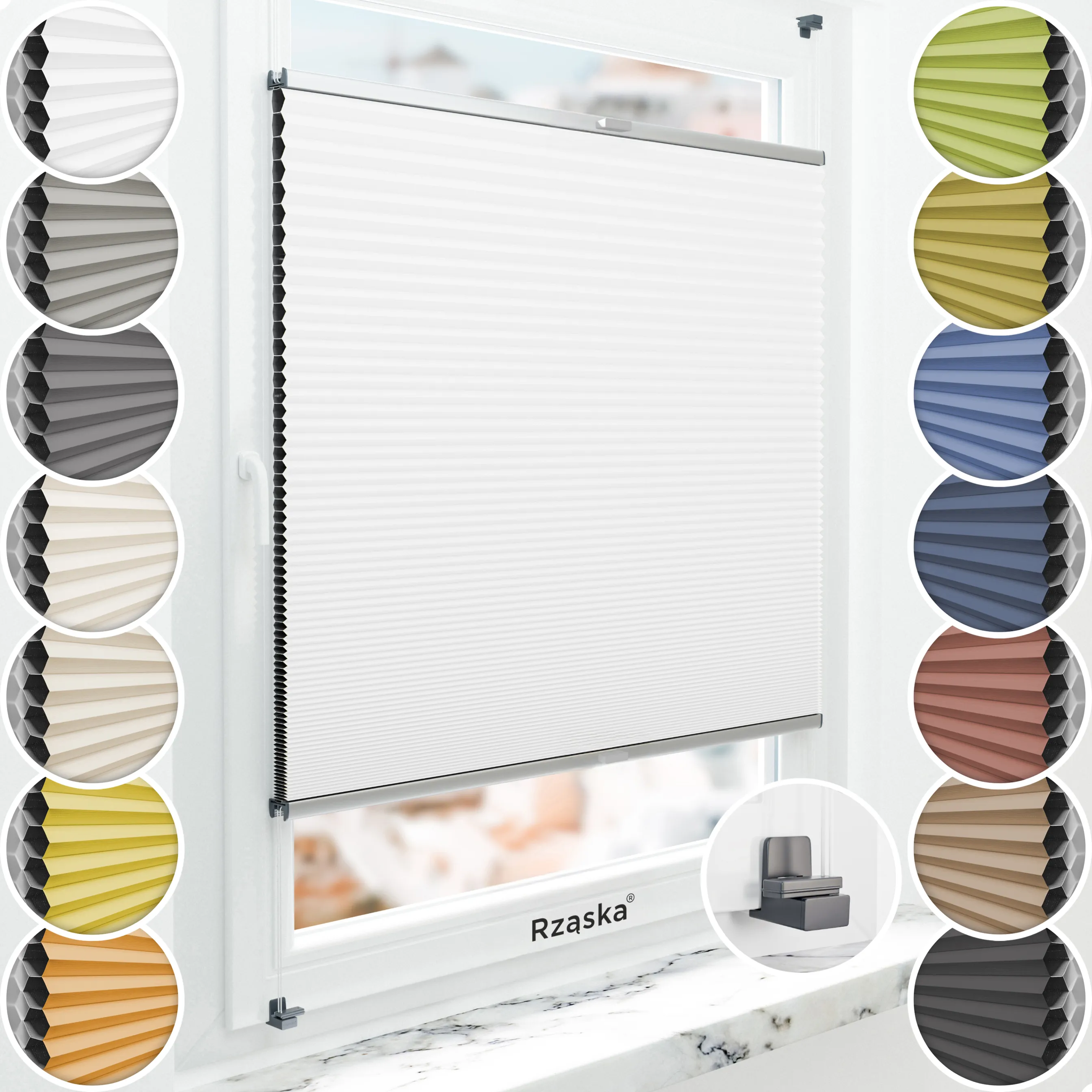 Bezinwazyjne plisy Blackout Rząska® na wymiar o strukturze plastra miodu kolekcja Honeycomb w kolorze Światło księżyca, białym z profilem srebrnym.