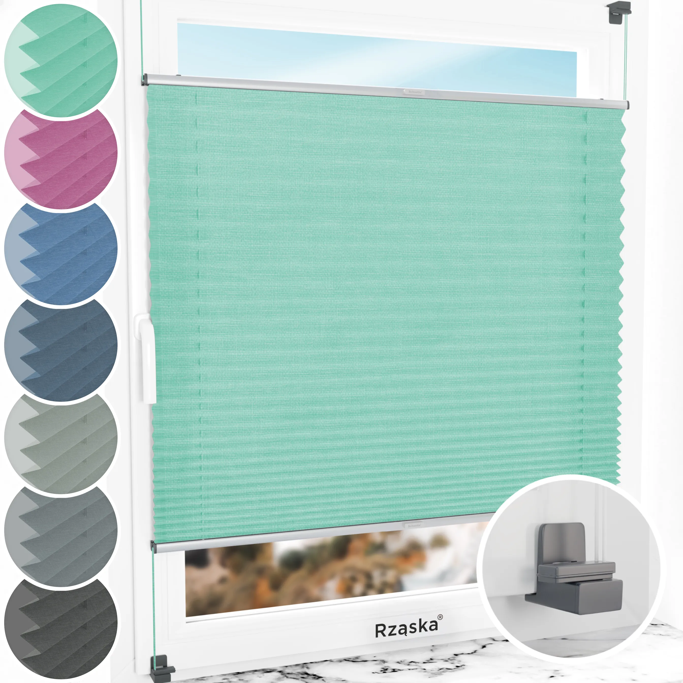 Bezinwazyjne plisy do okien Rząska® na wymiar, uchwyty Risinfix do zaciskania na imbus, kolekcja Melange w kolorze Miętowe lody, zielonym z profilem srebrnym.