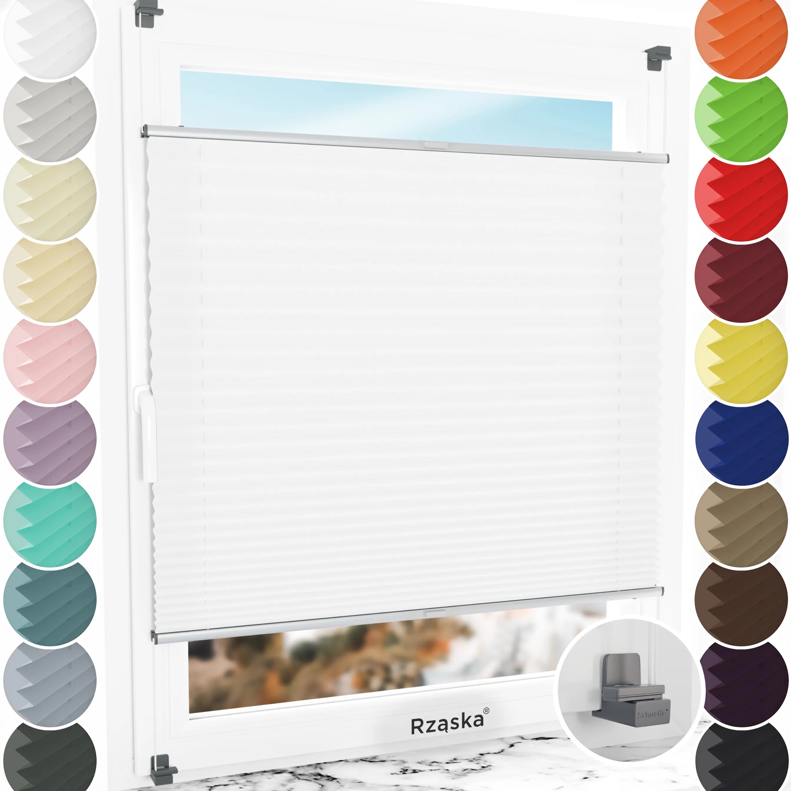 Bezinwazyjne plisy do okien Rząska® na wymiar, uchwyty Risinfix do zaciskania na imbus, kolekcja Premium w kolorze Białe święto, białym z profilem srebrnym.