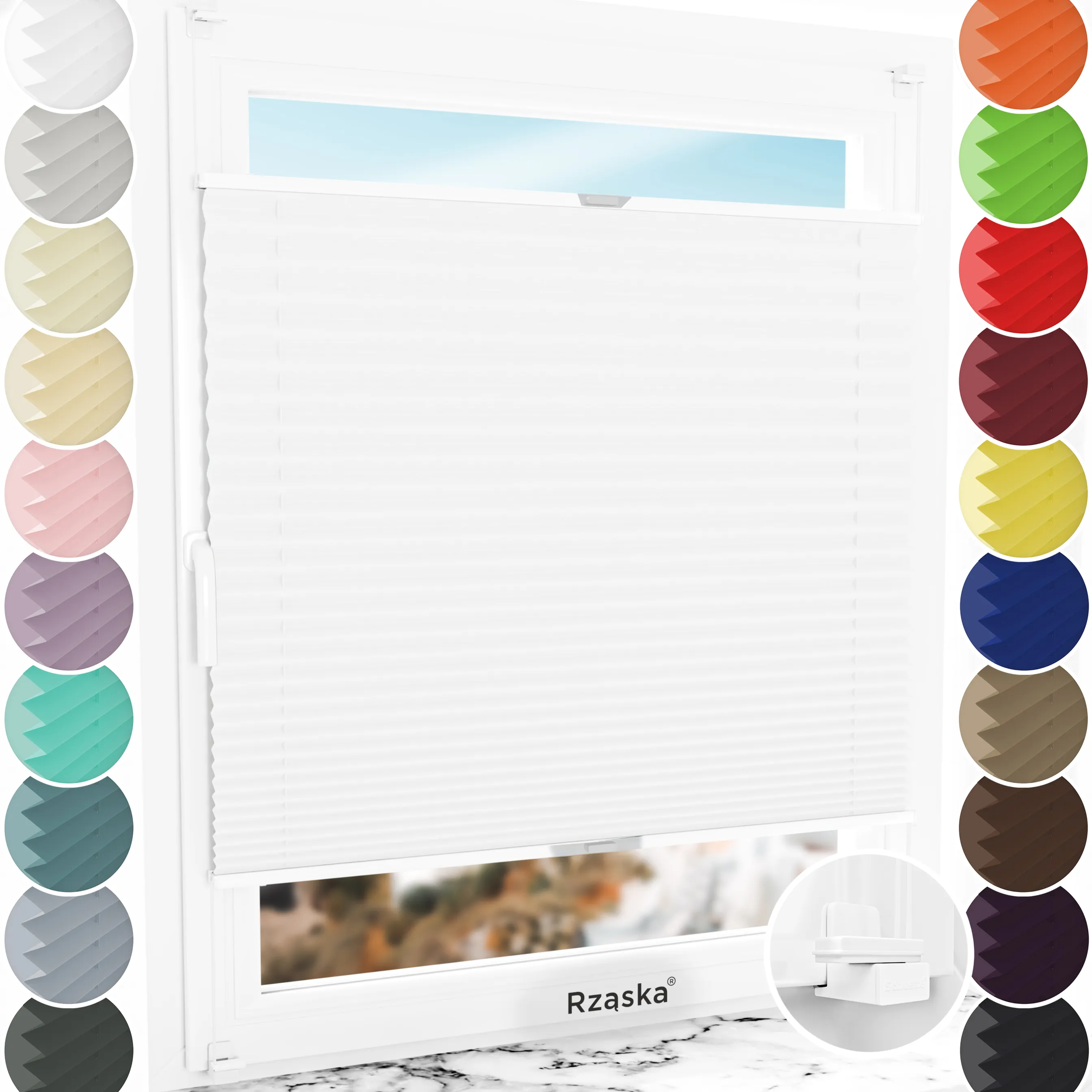 Bezinwazyjne rolety termoizolacyjne Rząska® na wymiar, uchwyty Risinfix do zaciskania na imbus, kolekcja Thermo w kolorze Białe święto, białym z profilem srebrnym.