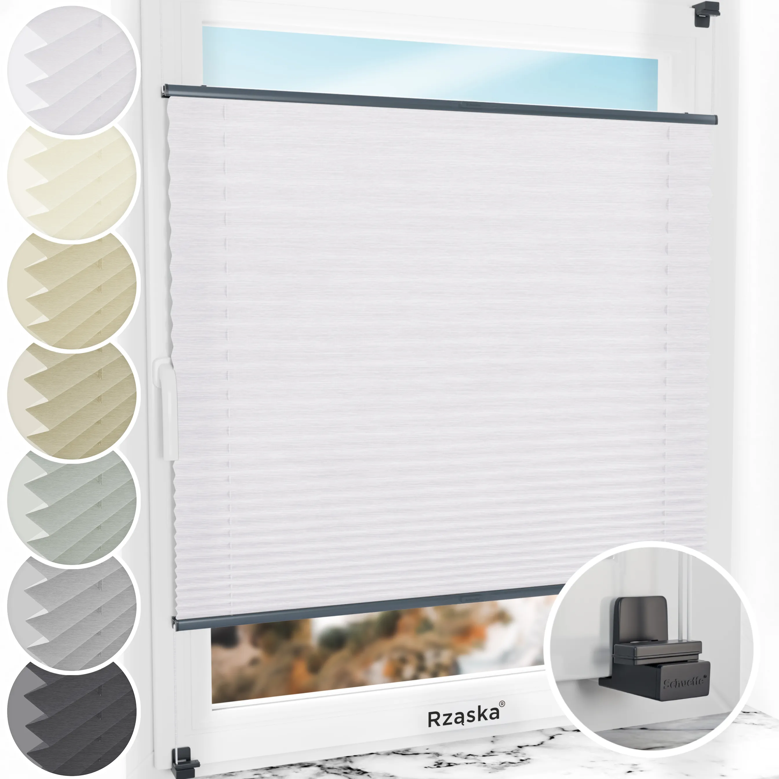 Bezinwazyjne rolety plisowane Rząska® na wymiar, uchwyty Risinfix do zaciskania na imbus, kolekcja Dolomite w kolorze Zimny poranek, szarym z profilem antracytowym.