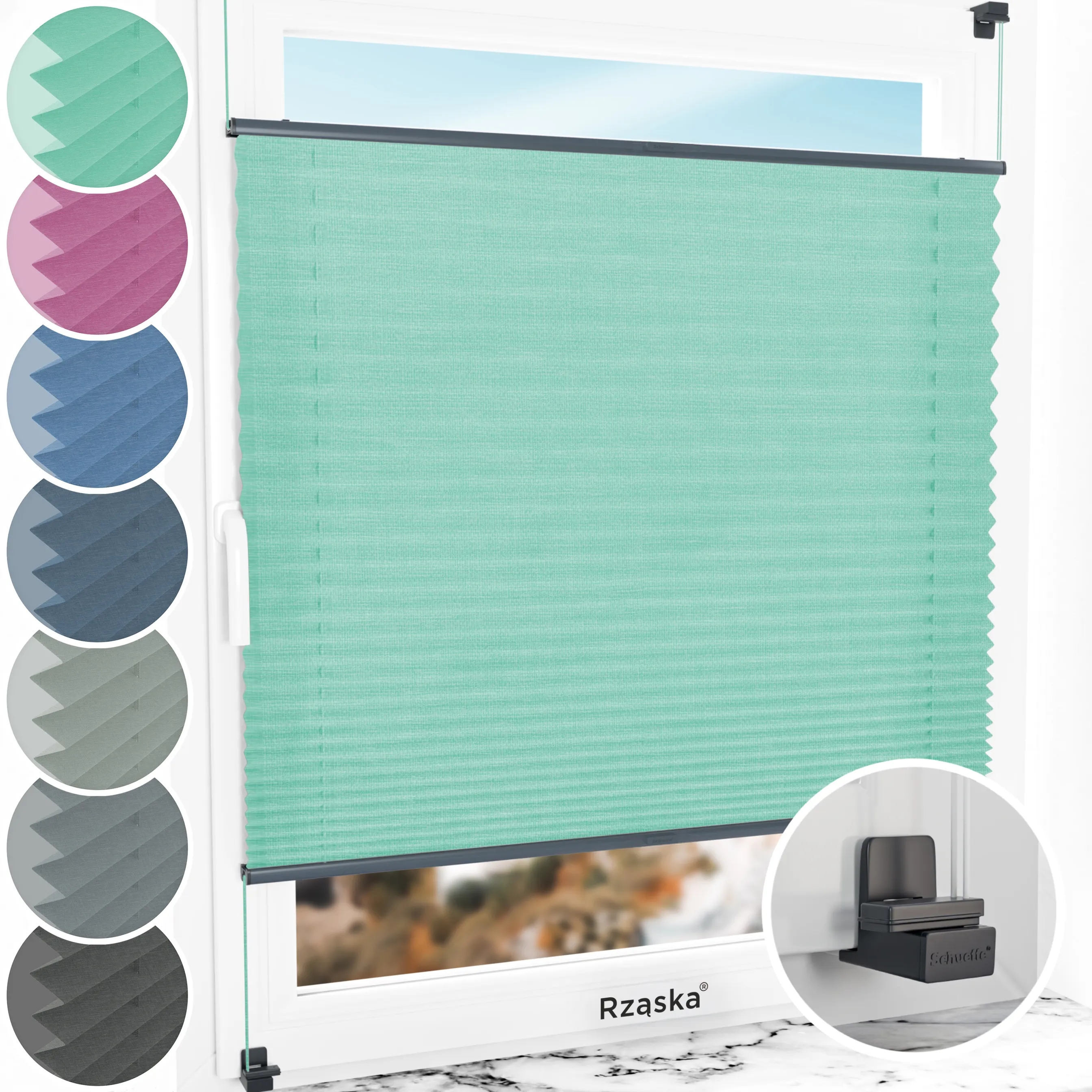 Bezinwazyjne plisy do okien Rząska® na wymiar, uchwyty Risinfix do zaciskania na imbus, kolekcja Melange w kolorze Miętowe lody, zielonym z profilem antracytowym.