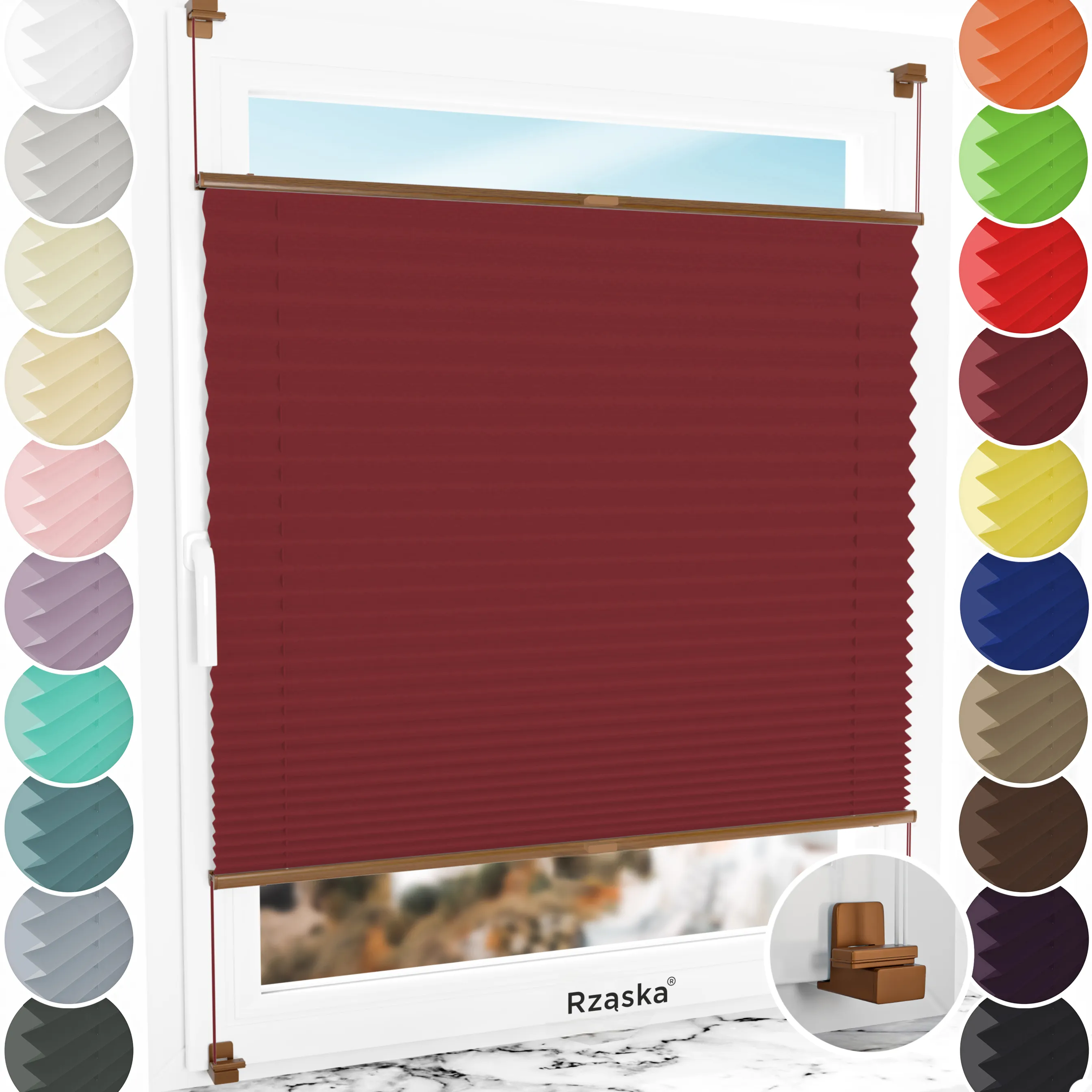 Bezinwazyjne rolety termoizolacyjne Rząska® na wymiar, uchwyty Risinfix do zaciskania na imbus, kolekcja Thermo w kolorze Szkarłatne wino, czerwonym z profilem dębowym.