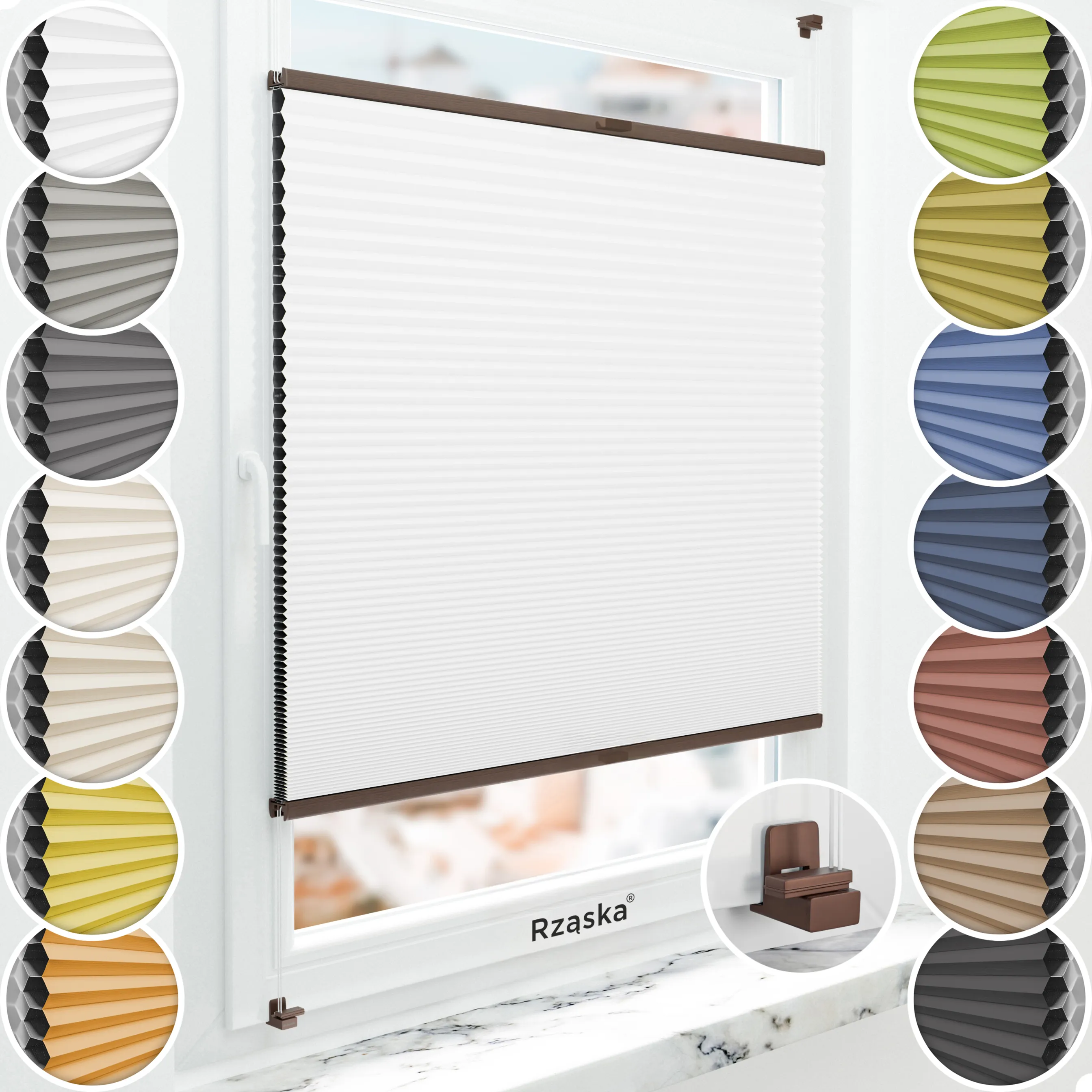 Bezinwazyjne plisy Blackout Rząska® na wymiar o strukturze plastra miodu kolekcja Honeycomb w kolorze Światło księżyca, białym z profilem orzechowym.