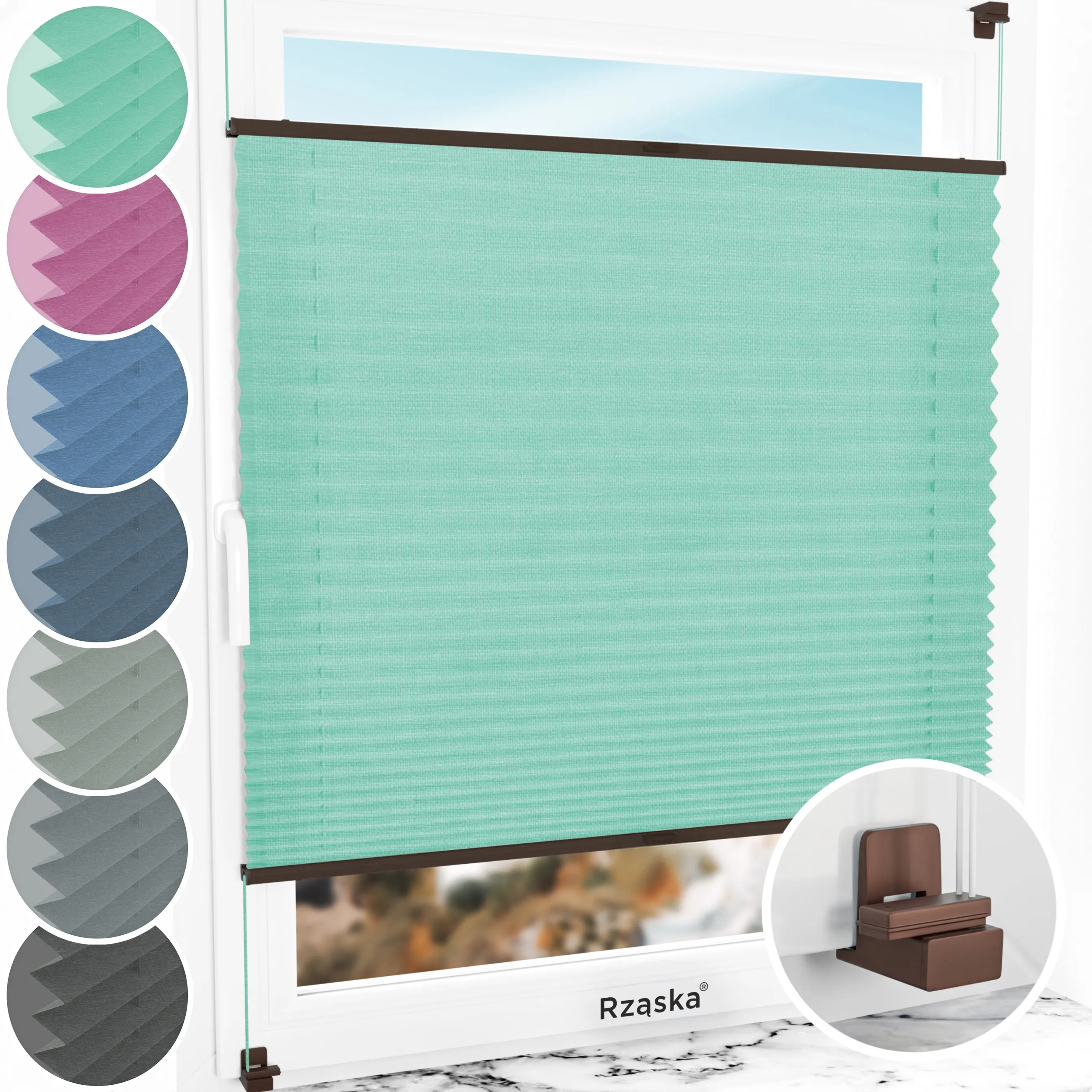 Bezinwazyjne plisy do okien Rząska® na wymiar, uchwyty Risinfix do zaciskania na imbus, kolekcja Melange w kolorze Miętowe lody, zielonym z profilem orzechowym.