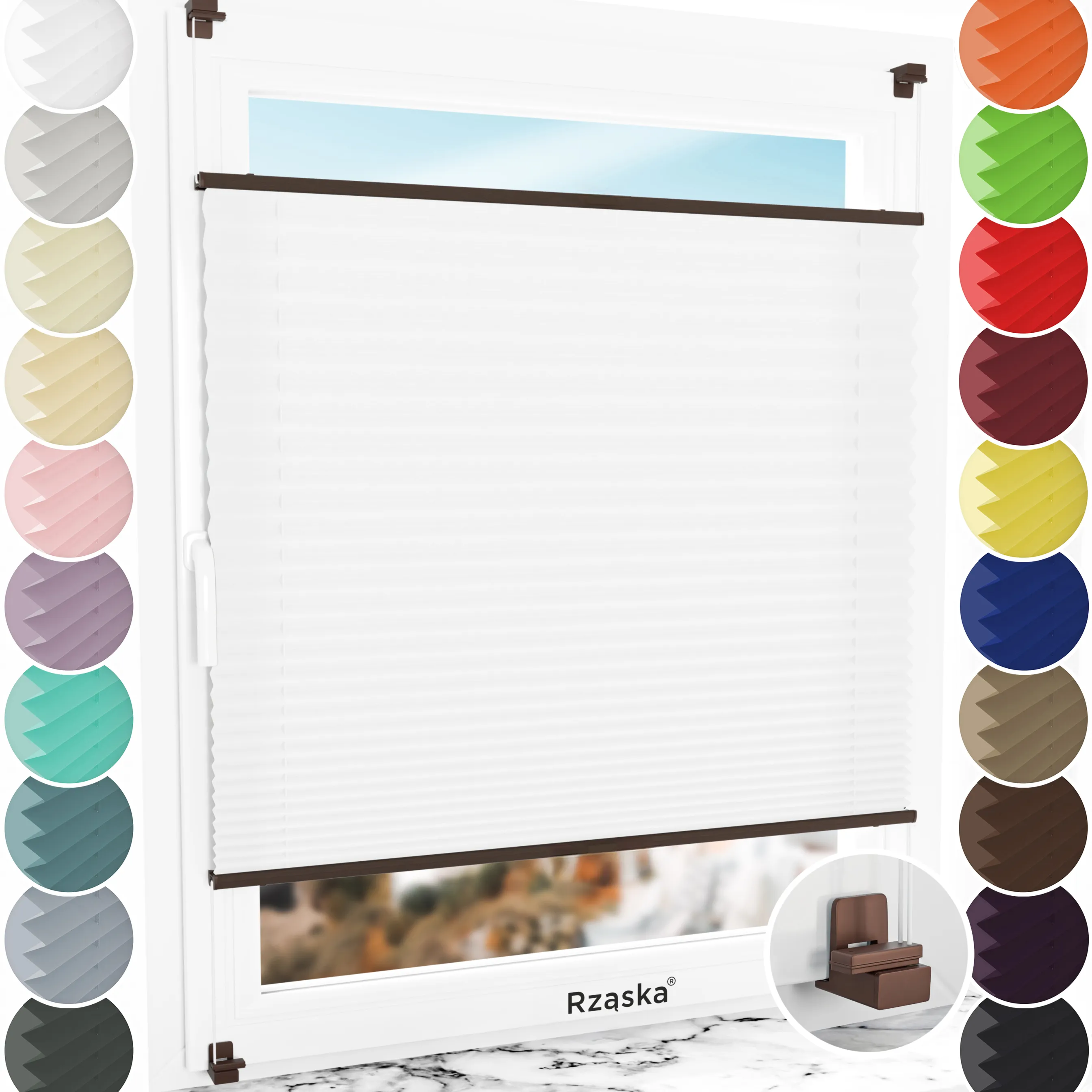 Bezinwazyjne plisy do okien Rząska® na wymiar, uchwyty Risinfix do zaciskania na imbus, kolekcja Premium w kolorze Białe święto, białym z profilem orzechowym.