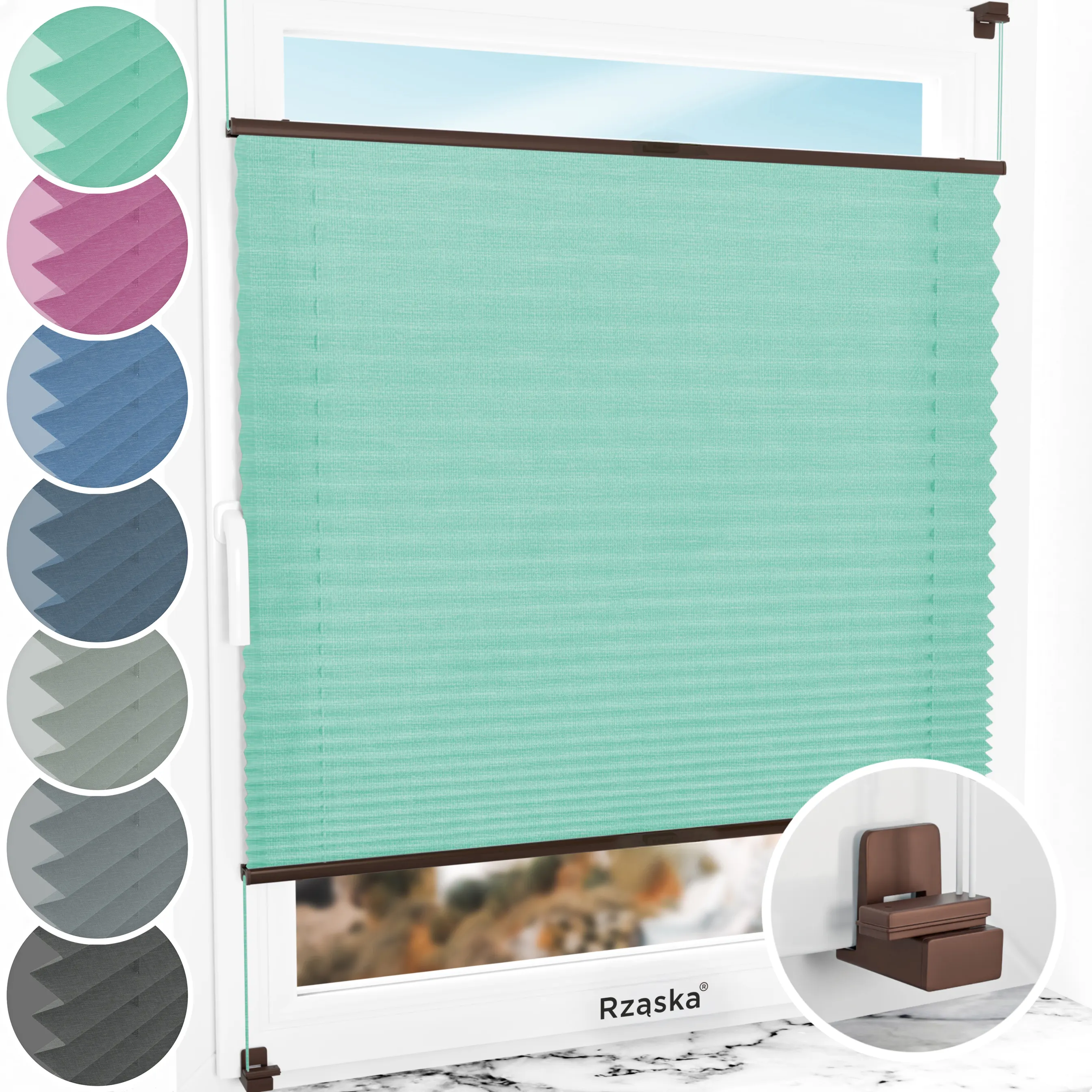 Bezinwazyjne plisy do okien Rząska® na wymiar, uchwyty Risinfix do zaciskania na imbus, kolekcja Melange w kolorze Miętowe lody, zielonym z profilem brązowym.