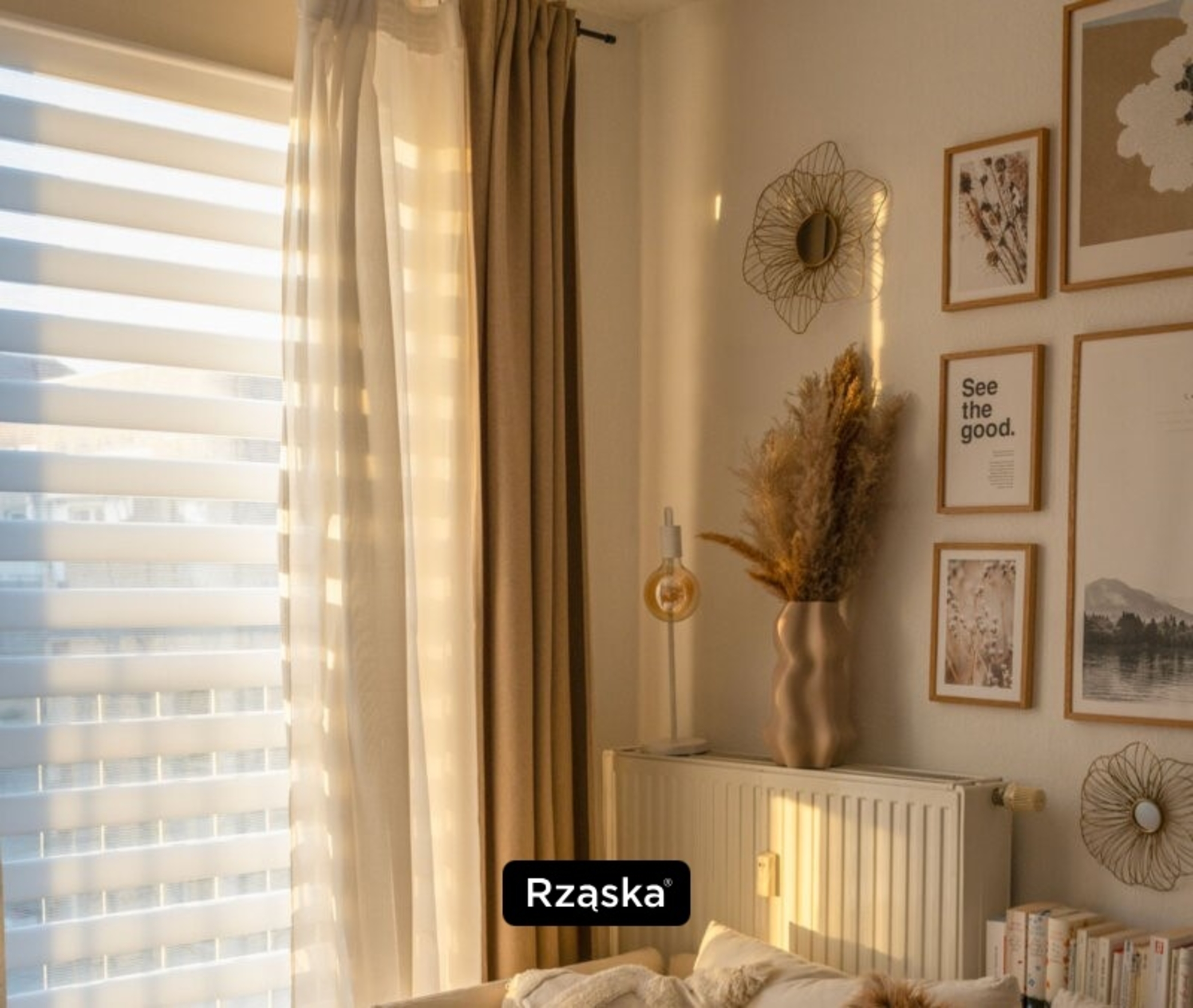 Rolety dzień noc regulujące światło w jasnym salonie