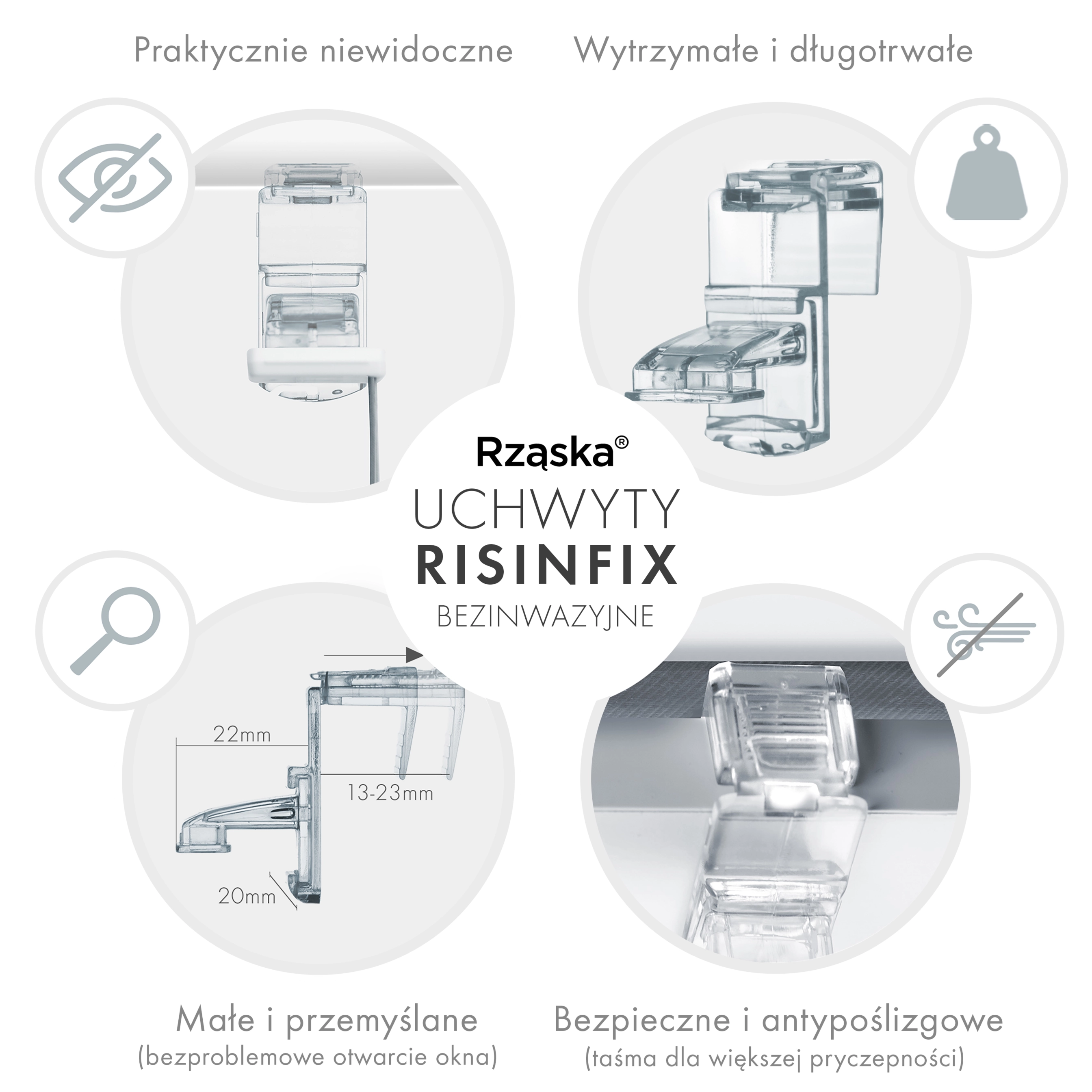 Rząska® zestaw mocowań zaciskowych bezinwazyjnych Risnifix "Incognito" Standard (4 sztuki) w kolorze transparent