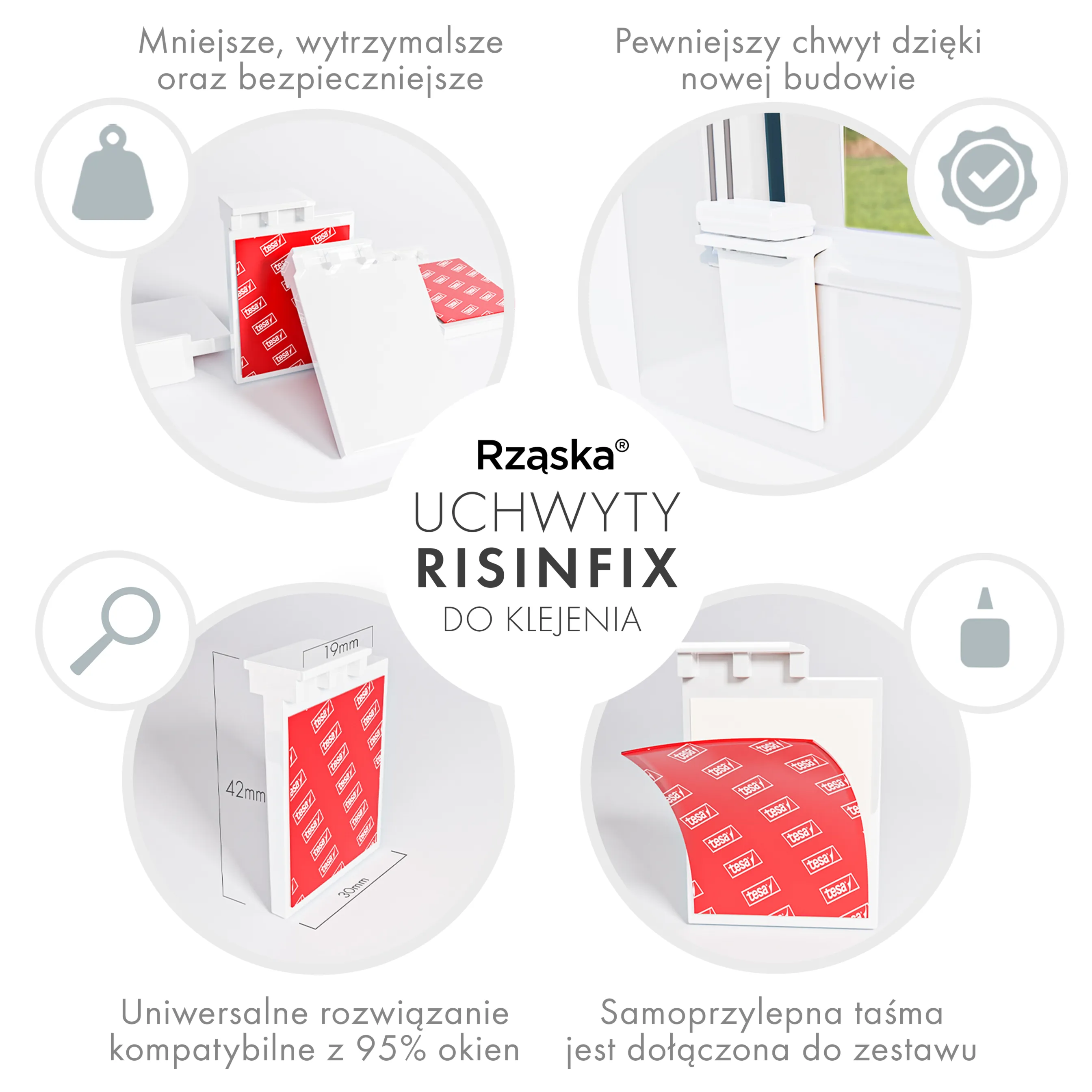 Dodatkowy zestaw uchwtów bezinwazyjnych Rząska® do klejenia, 4 sztuki.