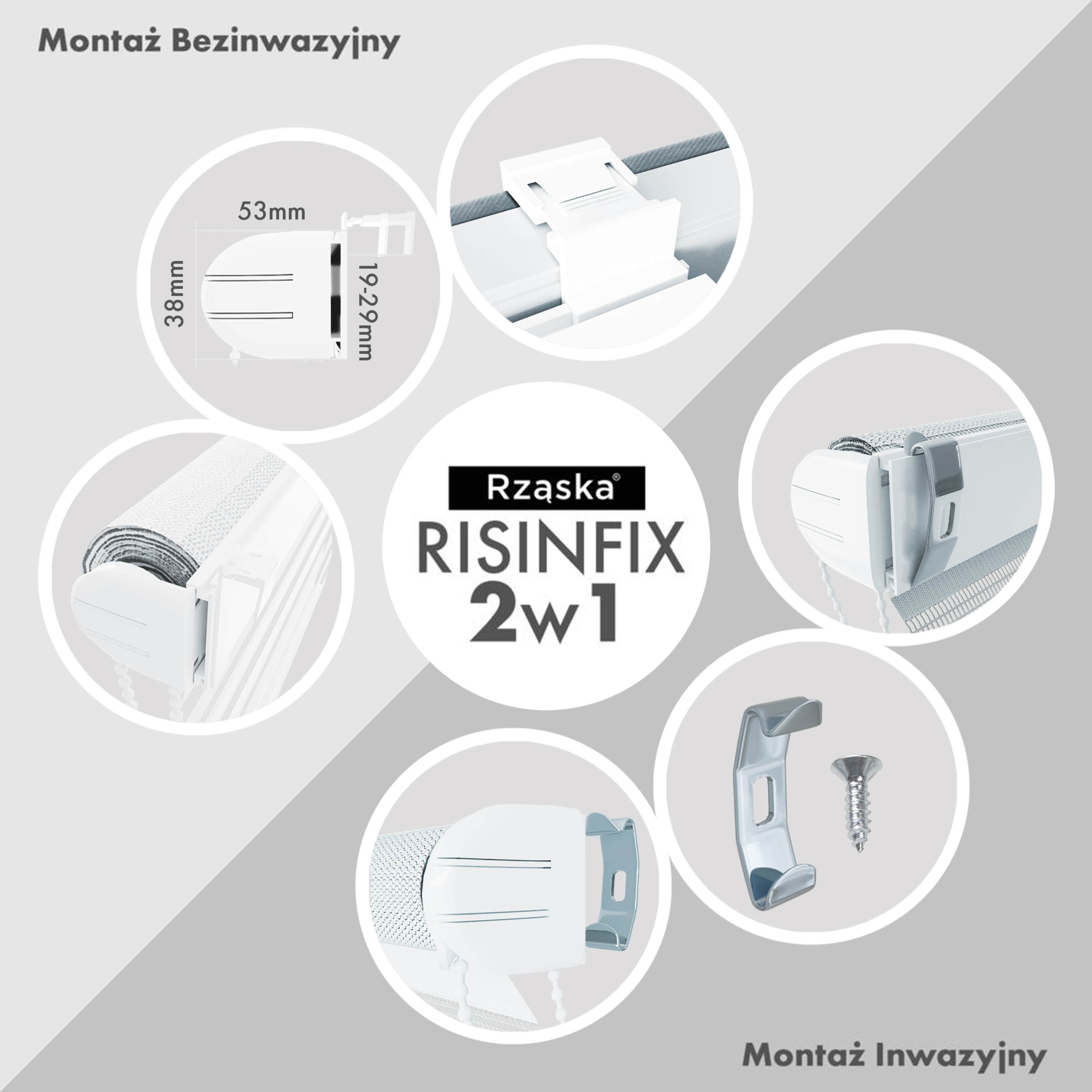 Rząska® zestaw mocowań inwazyjnych/bezinwazyjnych Risinfix 2w1 (2 sztuki) dla rolet Dzień Noc i Thermo Blackout