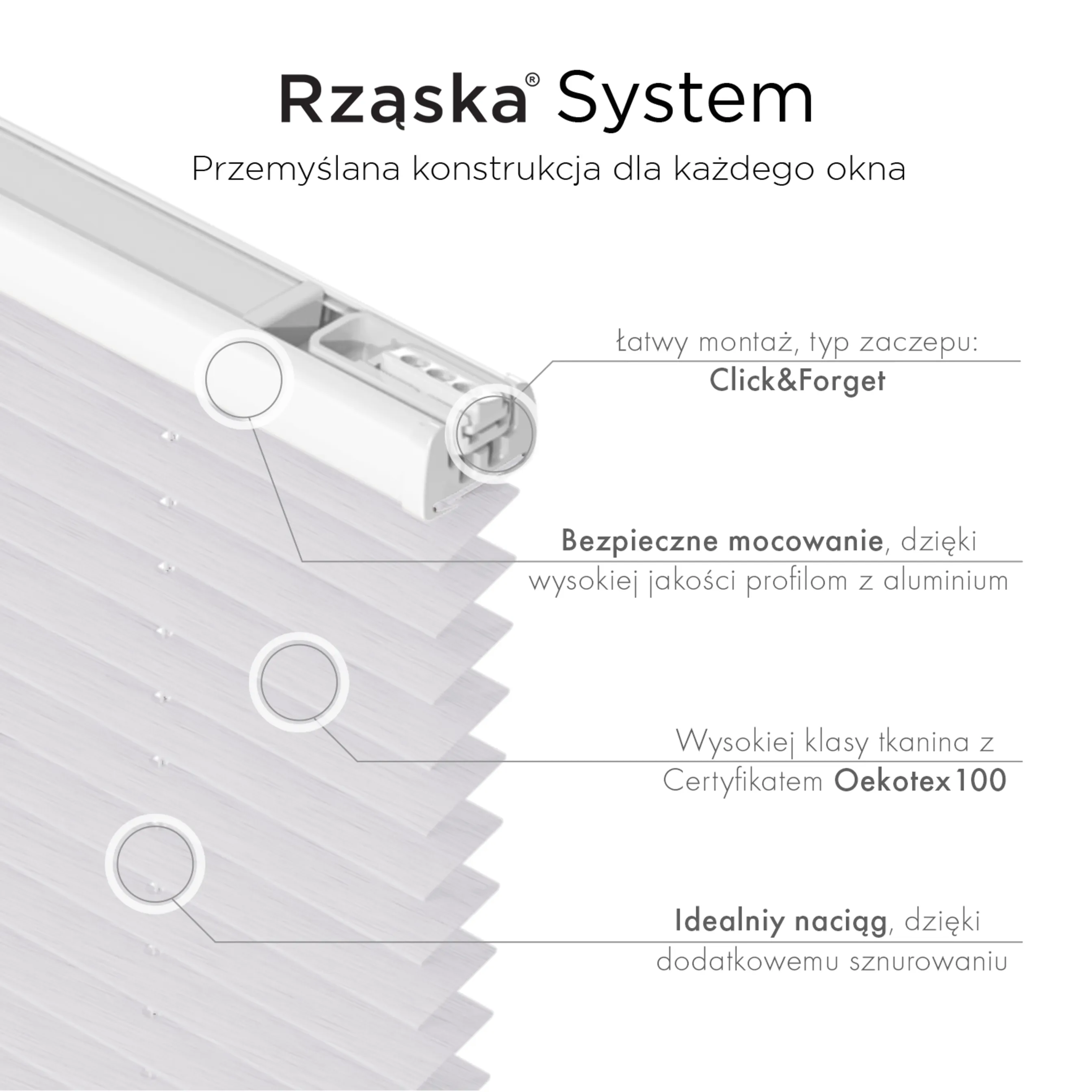 Bezinwazyjne rolety plisowane Rząska® na wymiar, uchwyty Risinfix do zaciskania na imbus, kolekcja Dolomite w kolorze Zimny poranek, szarym z profilem białym.
