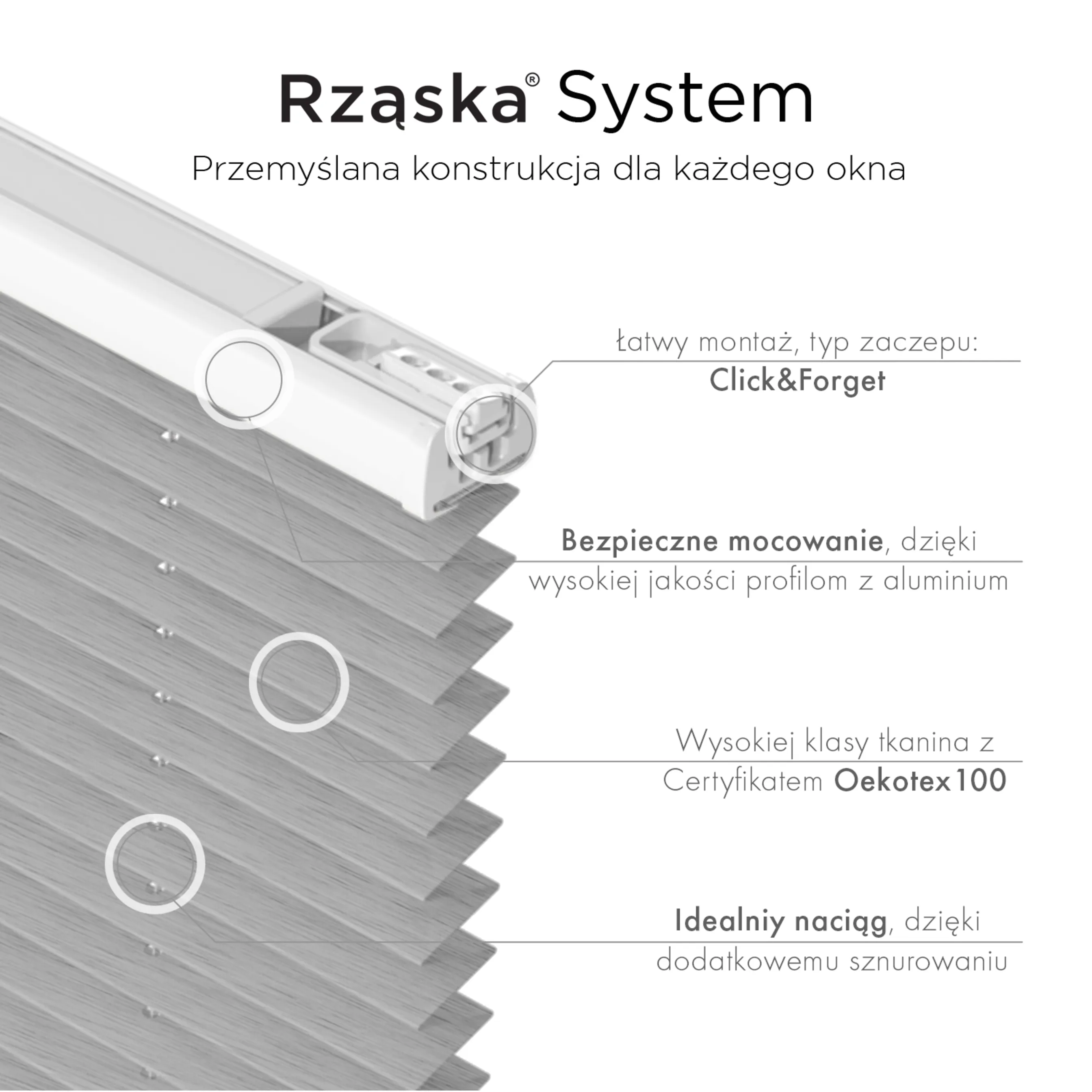 Bezinwazyjne plisy na okno Rząska® pod na wymiar, uchwyty Risinfix Incognito X do zaciskania, kolekcja Dolomite w kolorze Szary sztorm, szarym z profilem dębowym.