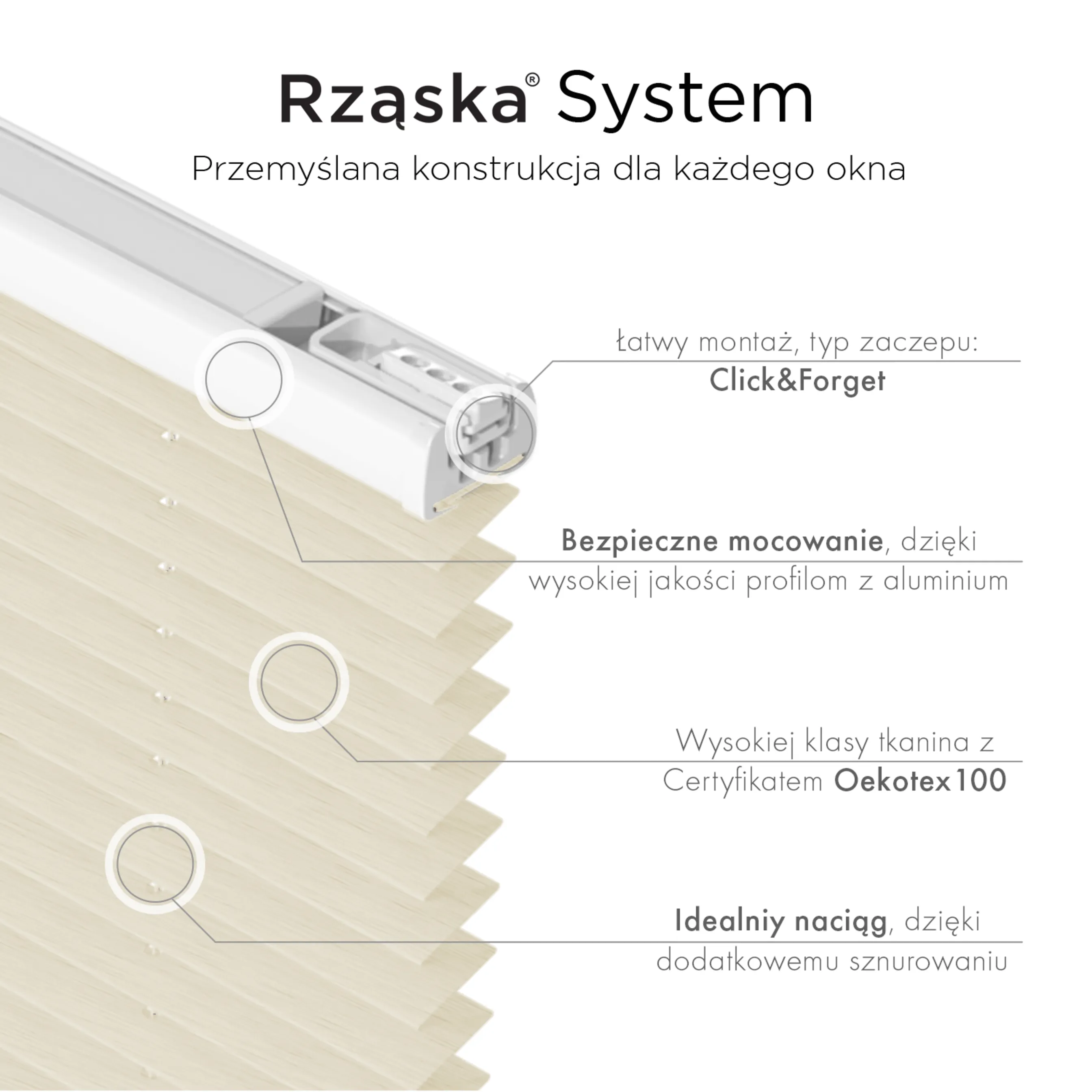 Inwazyjne rolety plisowane Rząska® na wymiar, uchwyty Risinfix do przykręcania, kolekcja Dolomite w kolorze Waniliowe niebo, beżowym z profilem białym.