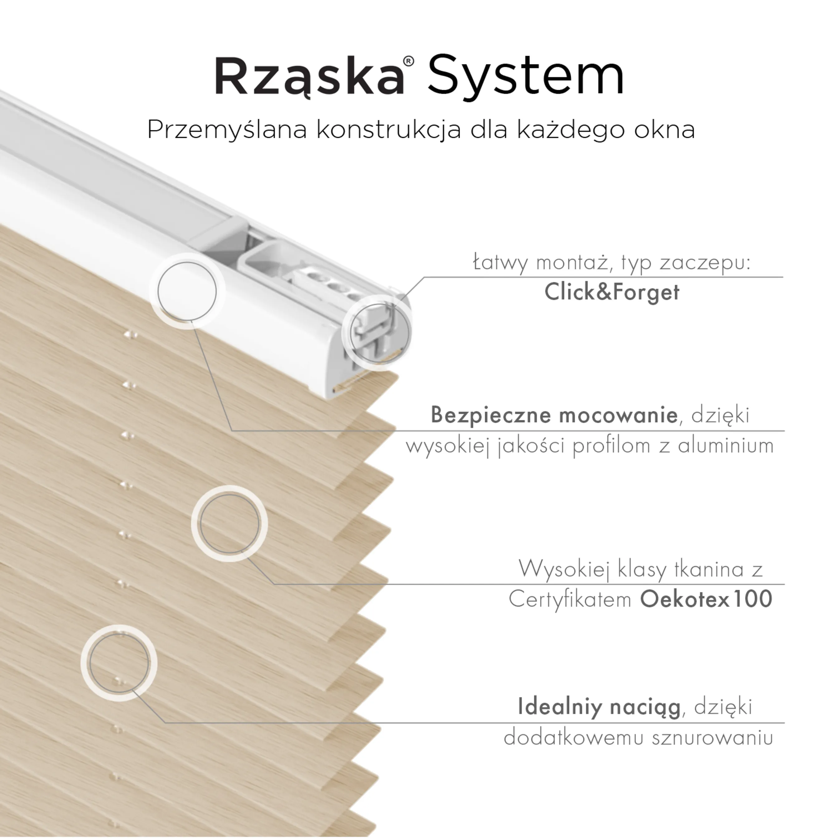 Plisa Rząska® na okno dachowe na wymiar, uchwyty Risinfix do przykręcania, kolekcja Dolomite w kolorze Mokry piasek, beżowym z profilem orzechowym.
