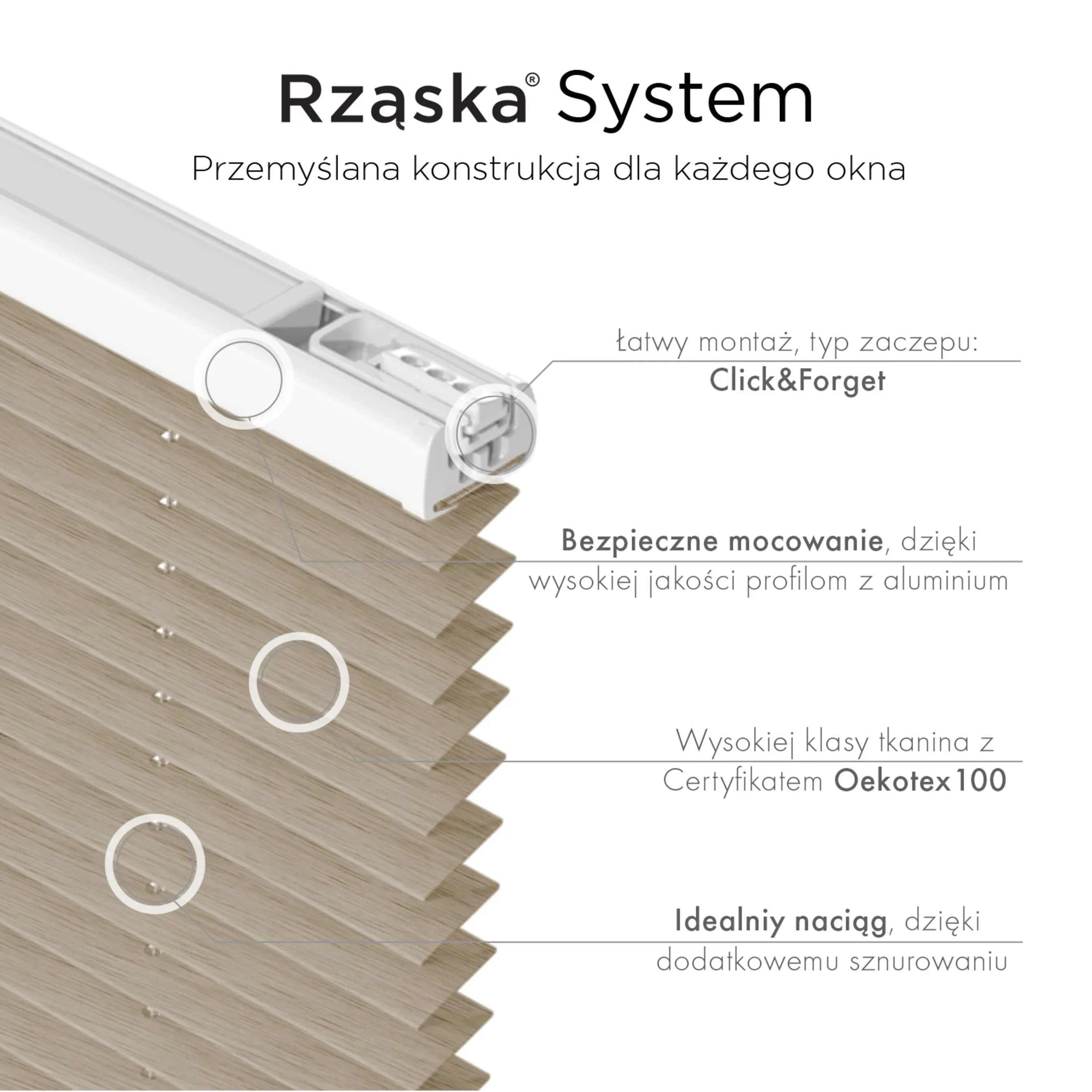 Bezinwazyjne plisy na okno Rząska® pod na wymiar, uchwyty Risinfix Incognito X do zaciskania, kolekcja Dolomite w kolorze Lekka kawa, beżowym z profilem orzechowym.