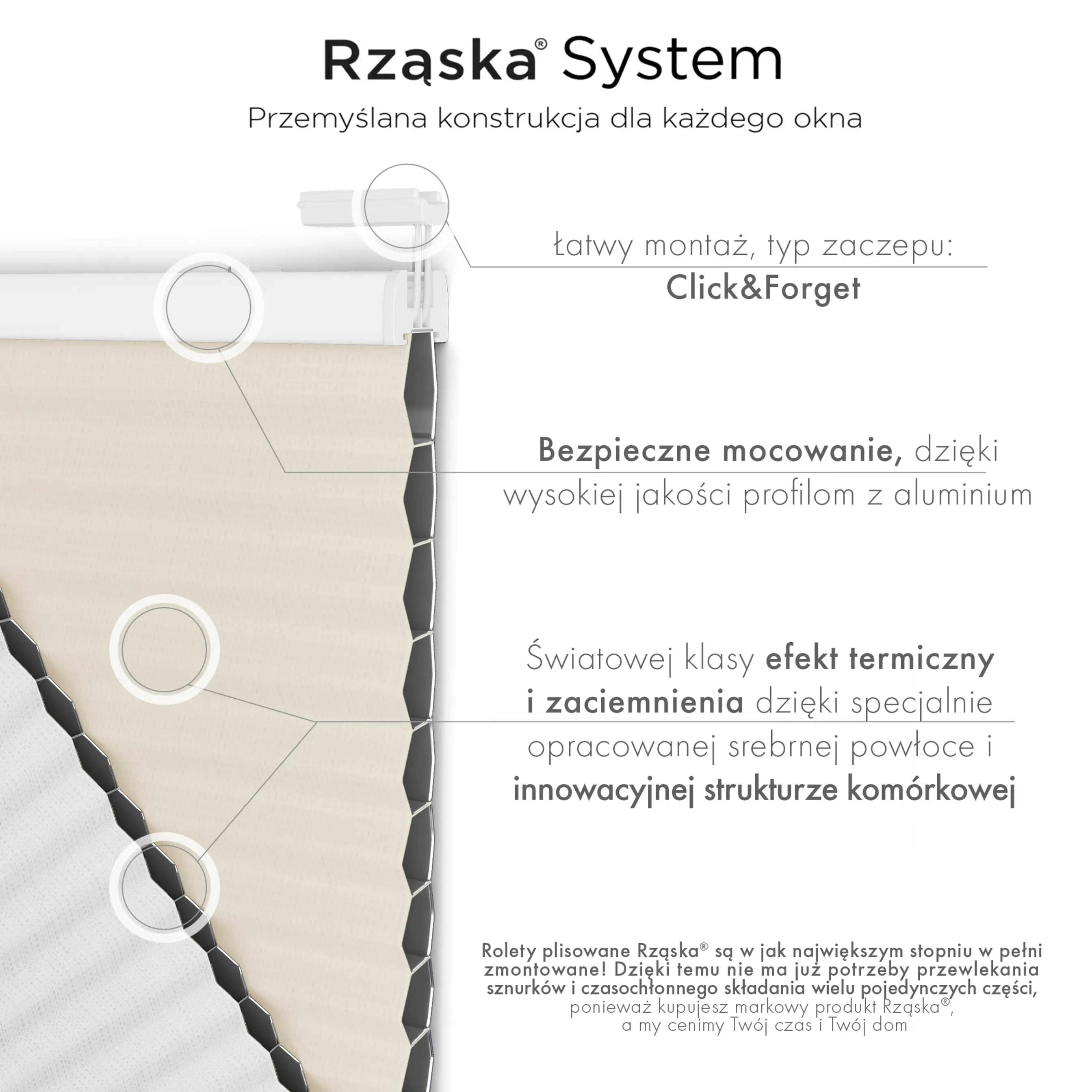 Inwazyjne plisy, rolety termoizolacyjne Rząska® na wymiar o strukturze plastra miodu kolekcja Honeycomb w kolorze Spokojne wybrzeże, beżowym z profilem dębowym.