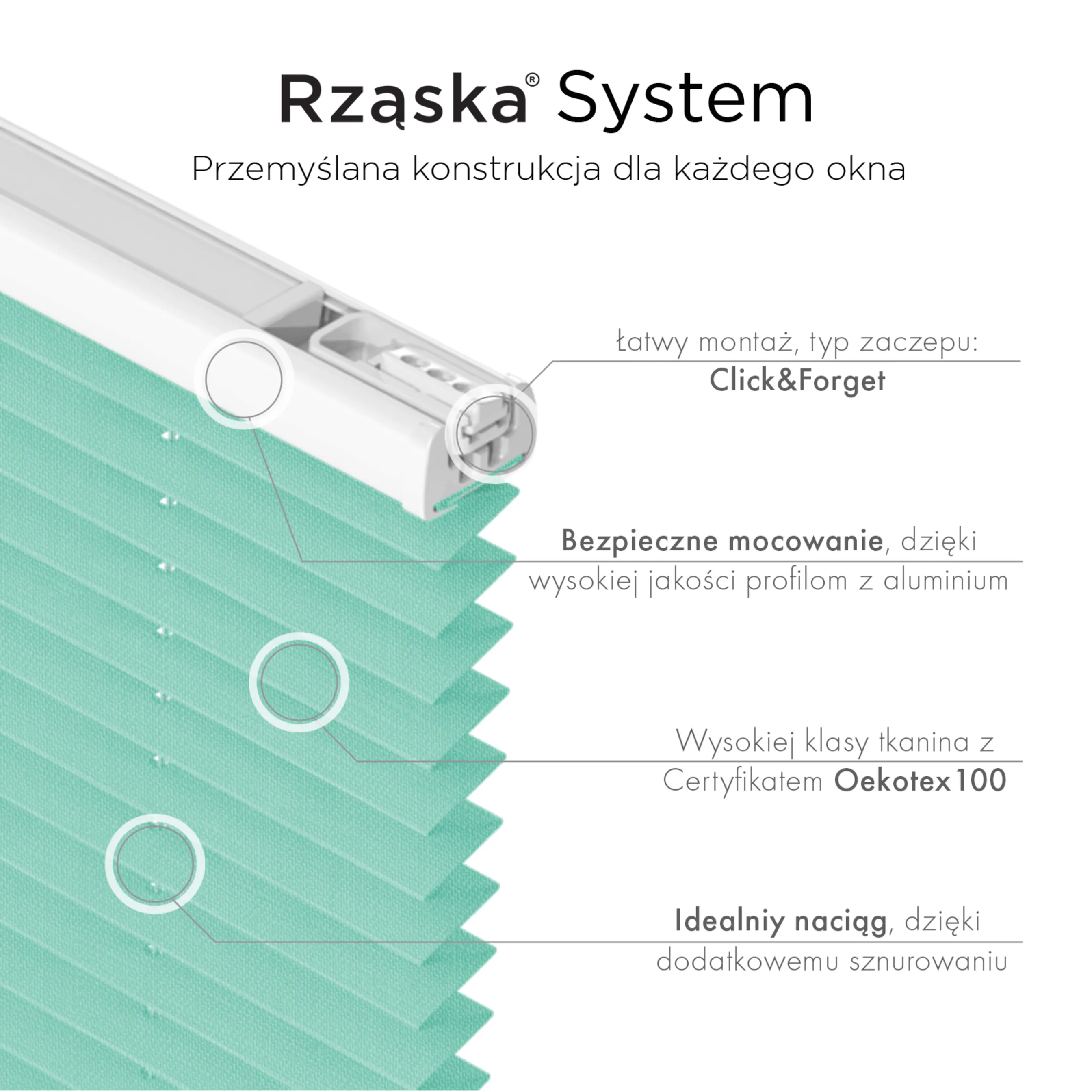 Bezinwazyjne rolety plisowane Rząska® na wymiar, uchwyty Risinfix do klejenia, kolekcja Melange w kolorze Miętowe lody, zielonym z profilem dębowym.