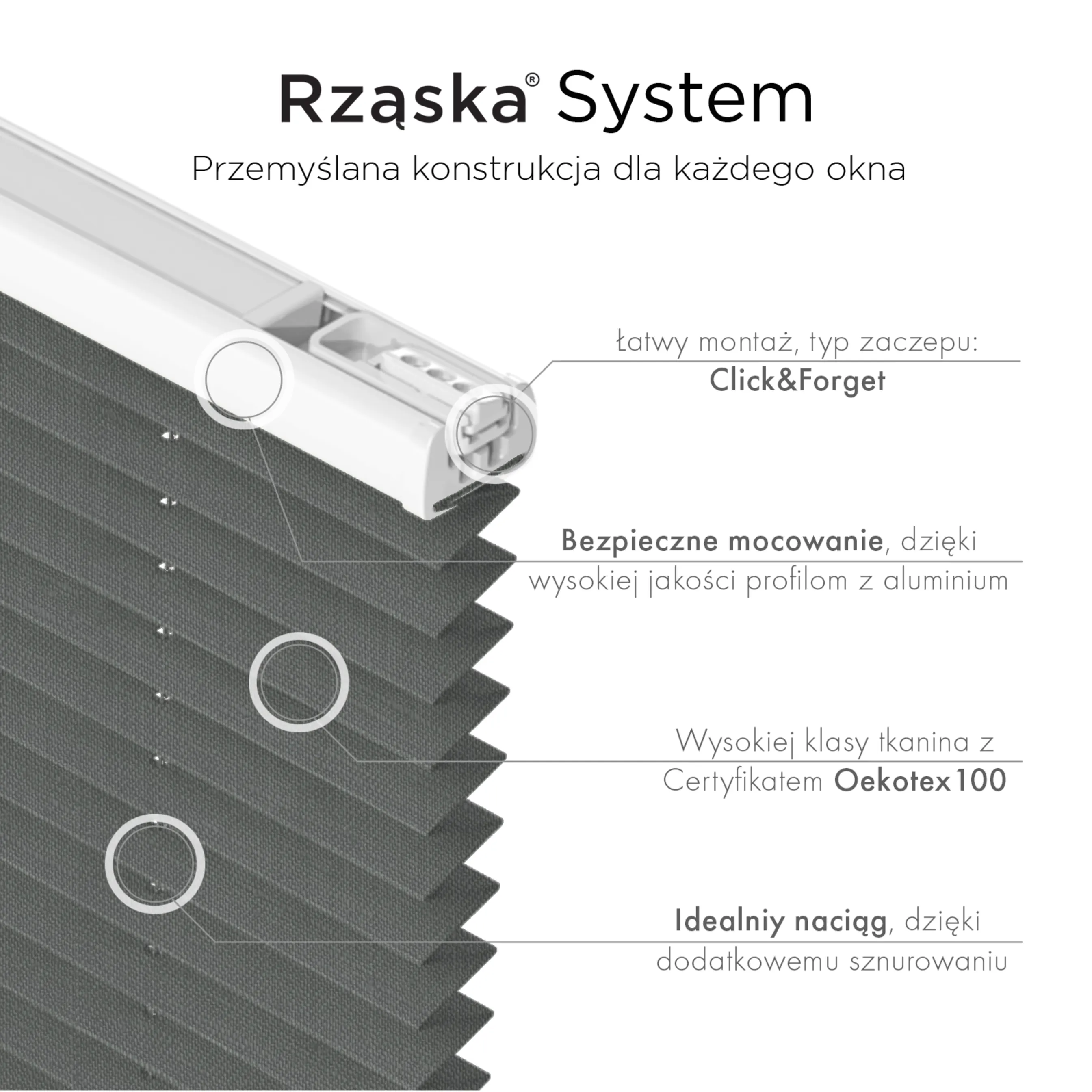 Bezinwazyjne plisy okienne Rząska® na wymiar, uchwyty Risinfix Incognito X do zaciskania, kolekcja Melange w kolorze Czarna perła, czarnym z profilem brązowym.
