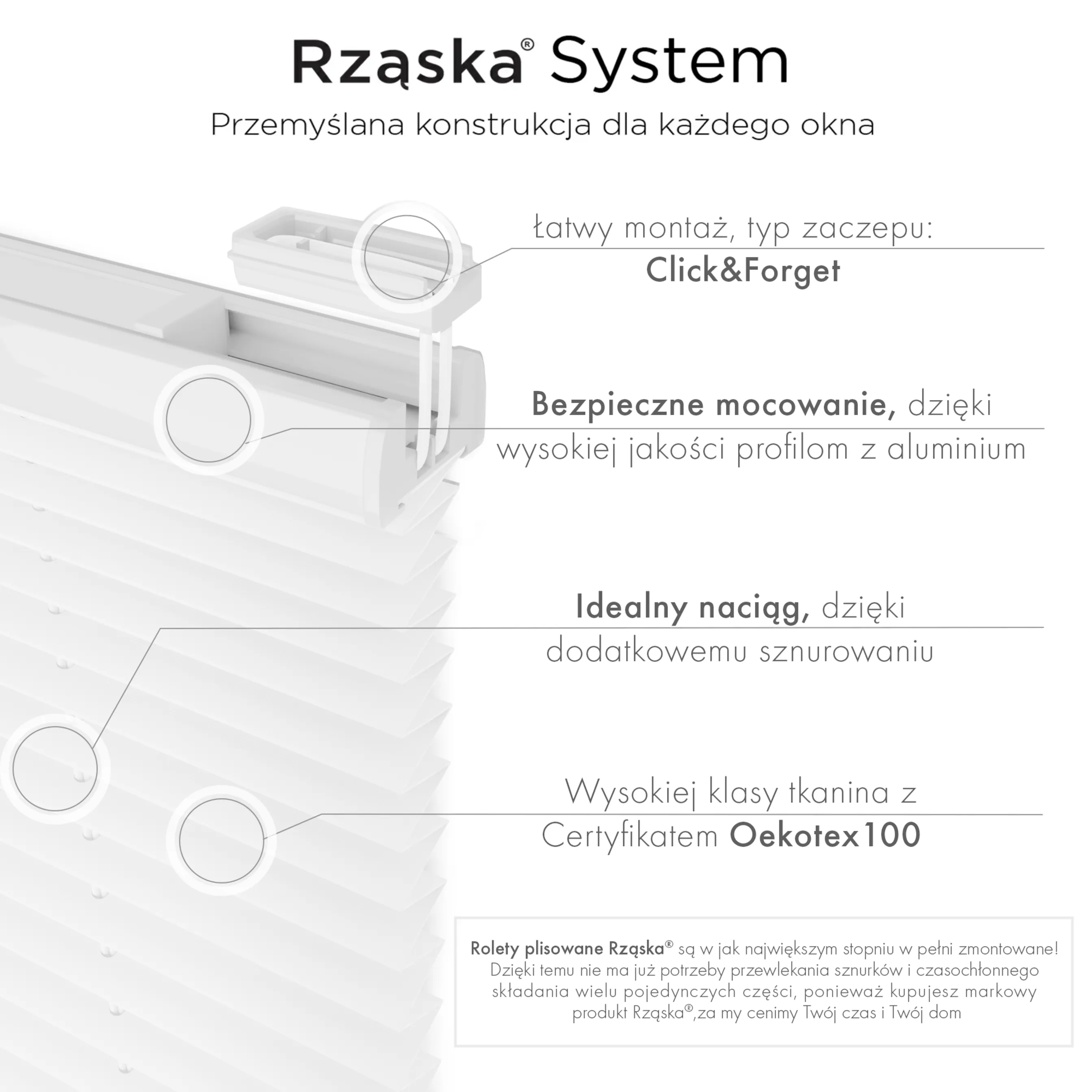 Bezinwazyjne plisy okienne Rząska® na wymiar, uchwyty Risinfix Incognito X do zaciskania, kolekcja Premium w kolorze Białe święto, białym z profilem dębowym.