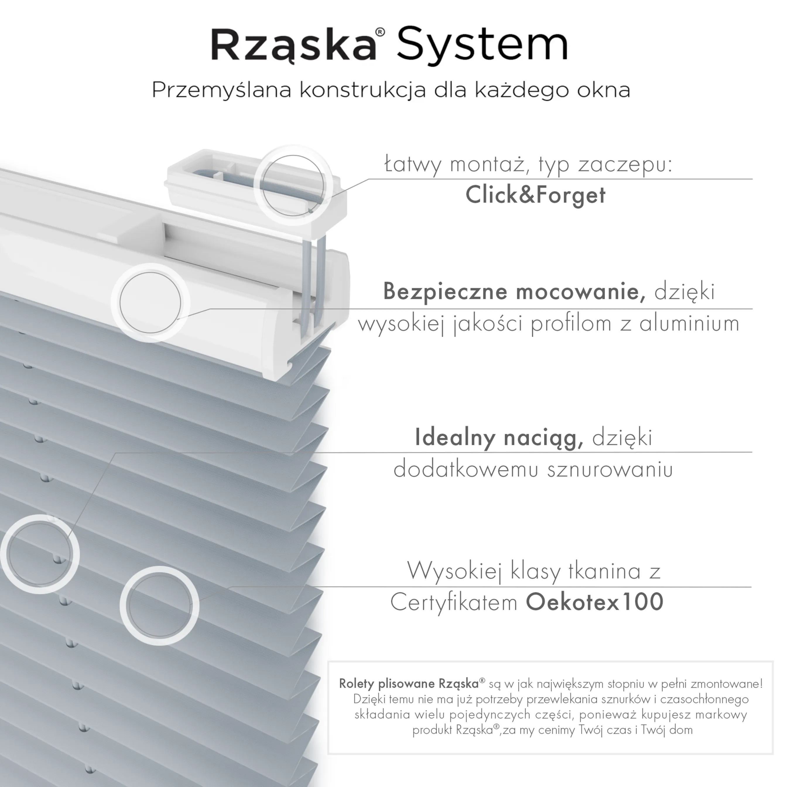 Roleta plisowana dachowa Rząska® na wymiar, uchwyty Risinfix do przykręcania, kolekcja Premium w kolorze Srebrna Sonata, szarym z profilem białym.