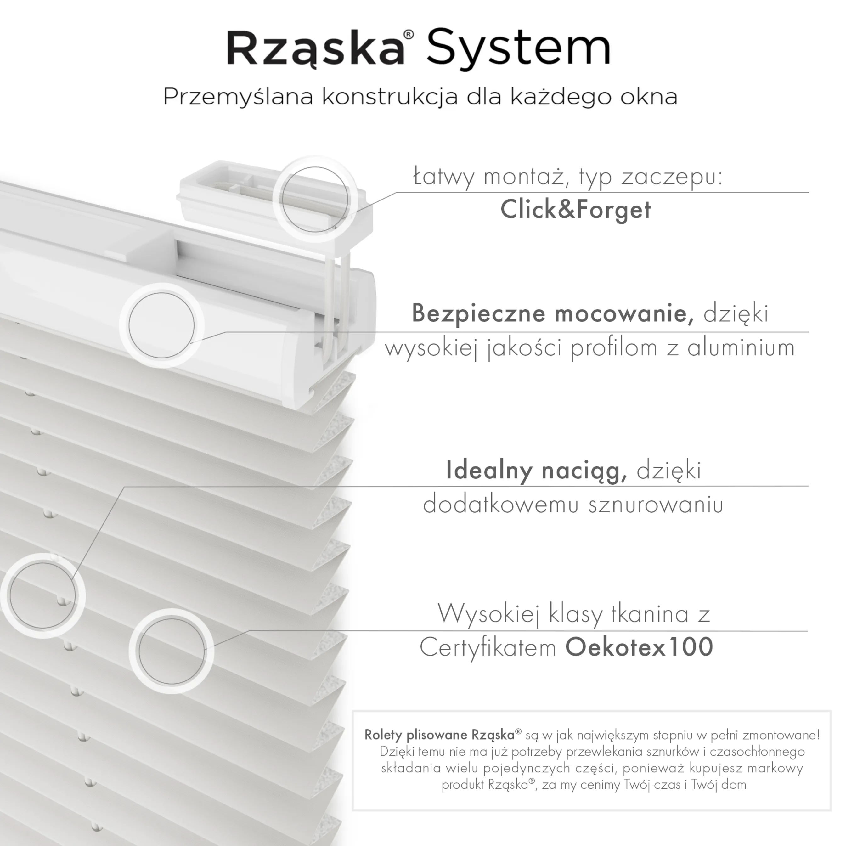 Roleta plisowana Rząska® na okno dachowe na wymiar, uchwyty Risinfix do przykręcania, kolekcja Thermo w kolorze Wiosenna chmura, szarym z profilem białym.