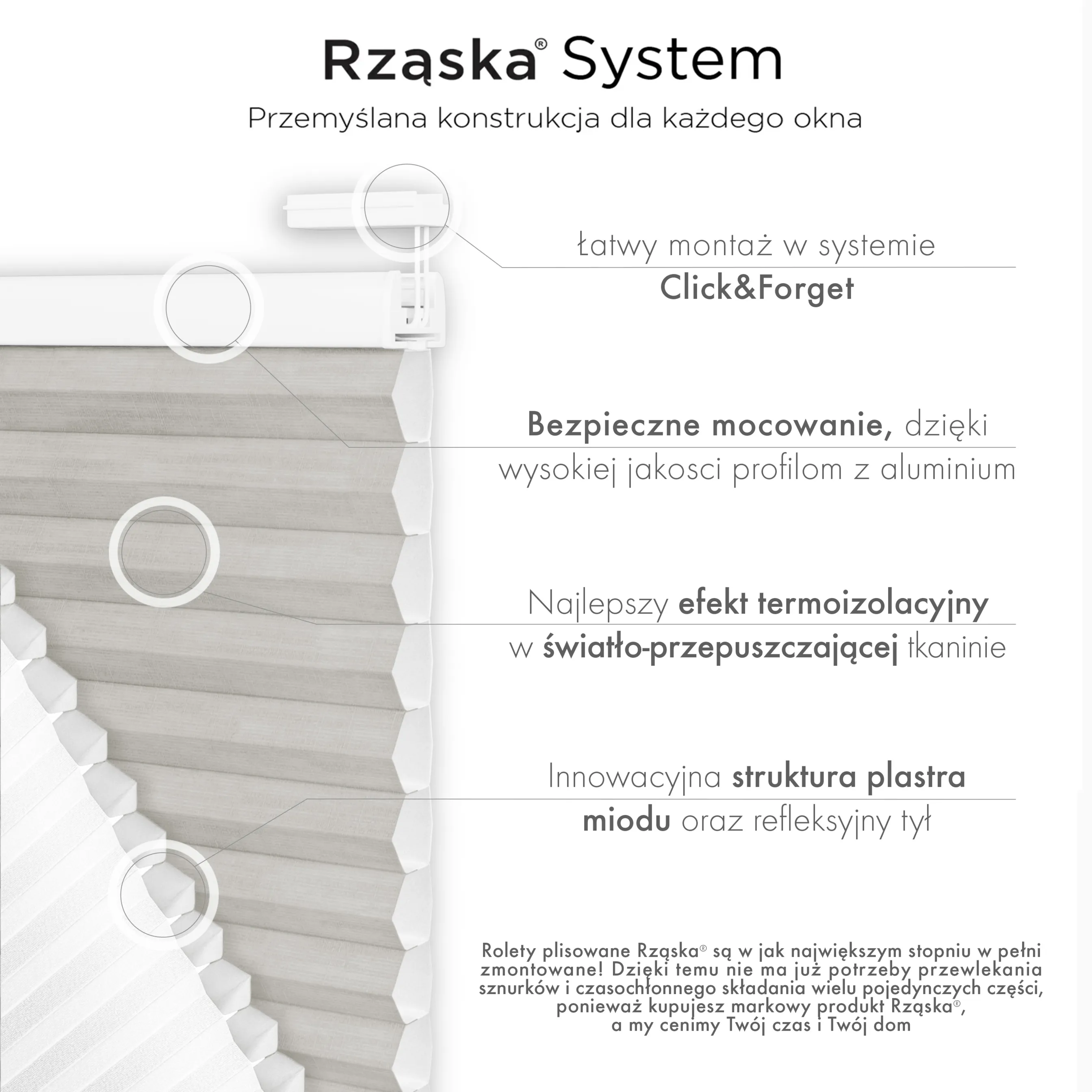 Rząska® bezinwazyjne plisy zaciemniające na wymiar • Thermo Honeycomb (Plaster Miodu): kolor tkaniny Chia Pudding, szary • Risinfix do zaciskania (transparent) • Kolor profili: orzech