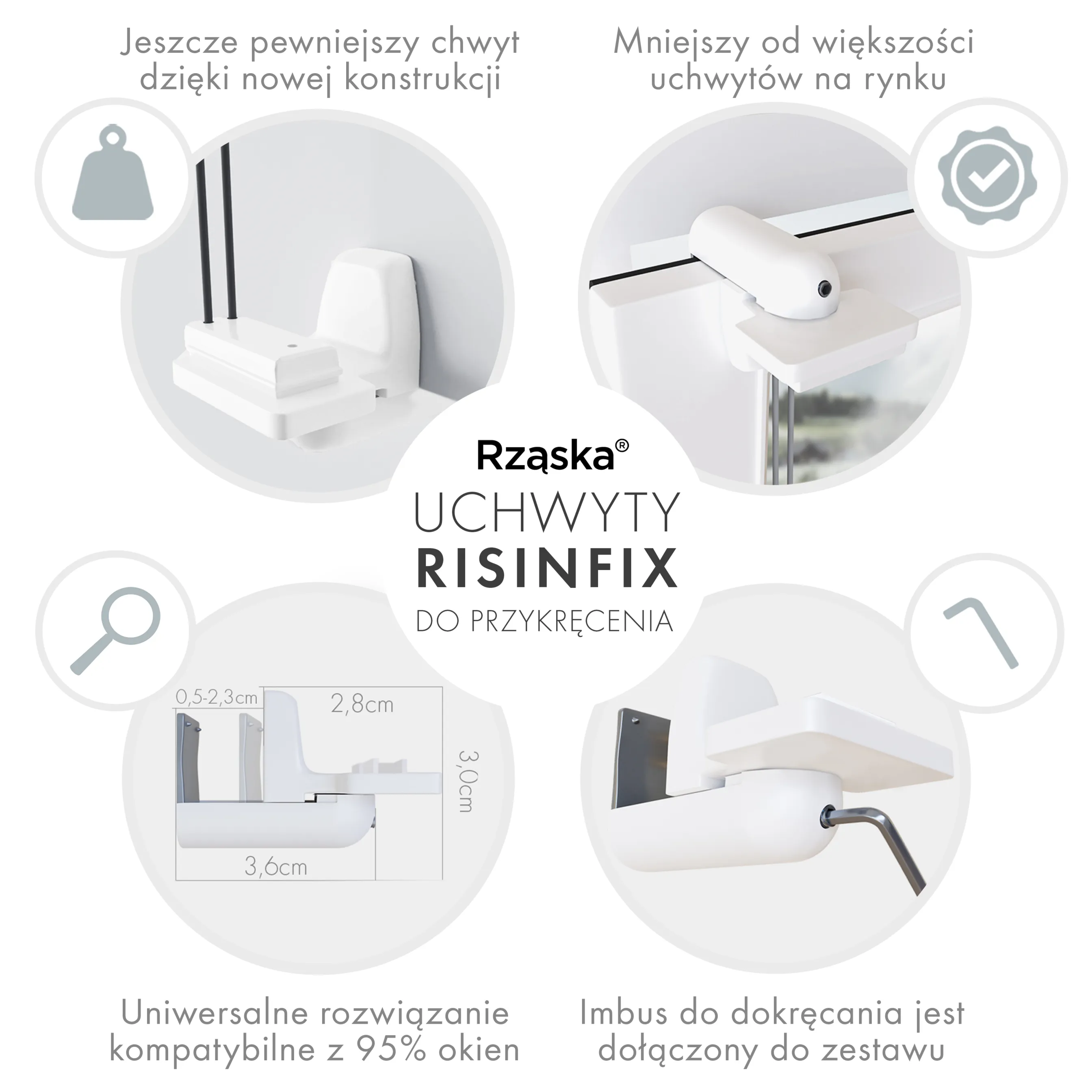 Bezinwazyjne rolety termoizolacyjne Rząska® na wymiar, uchwyty Risinfix do zaciskania na imbus, kolekcja Thermo w kolorze Białe święto, białym z profilem białym.