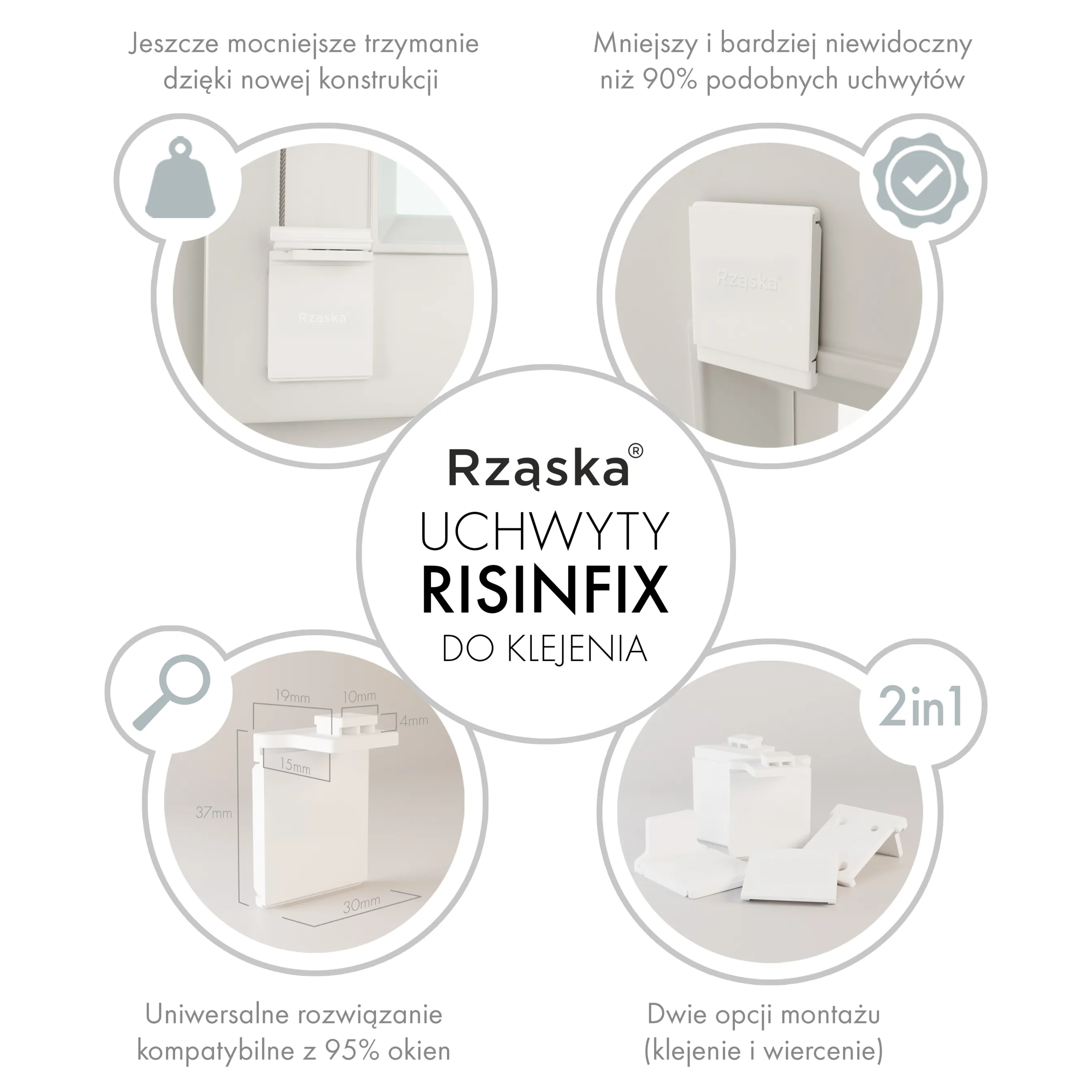 Bezinwazyjne rolety plisowane Rząska® na wymiar, uchwyty Risinfix do klejenia, kolekcja Dolomite w kolorze Ciemny vintage, szarym z profilem białym.