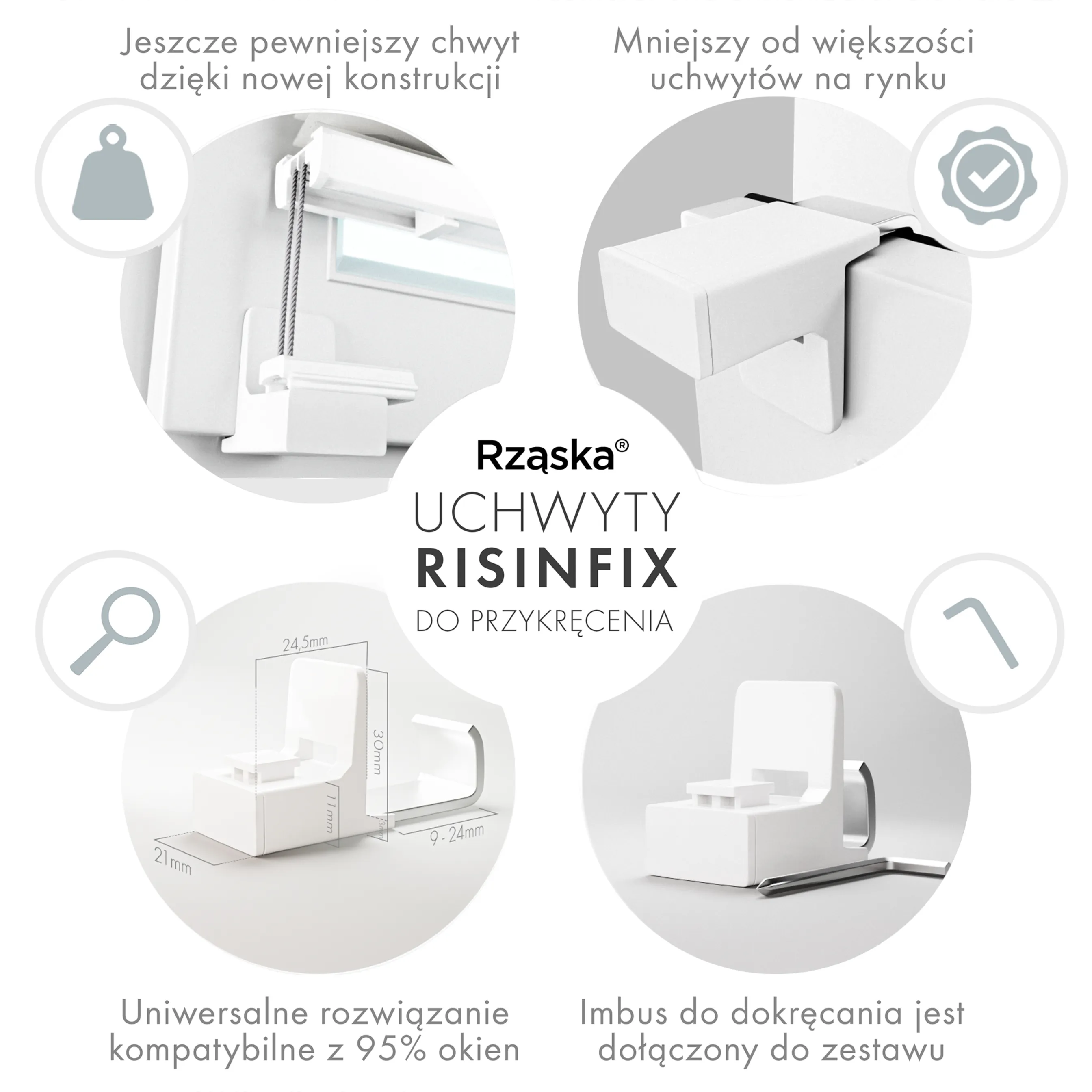Bezinwazyjne rolety termoizolacyjne Rząska® na wymiar, uchwyty Risinfix do zaciskania na imbus, kolekcja Thermo w kolorze Białe święto, białym z profilem antracytowym.