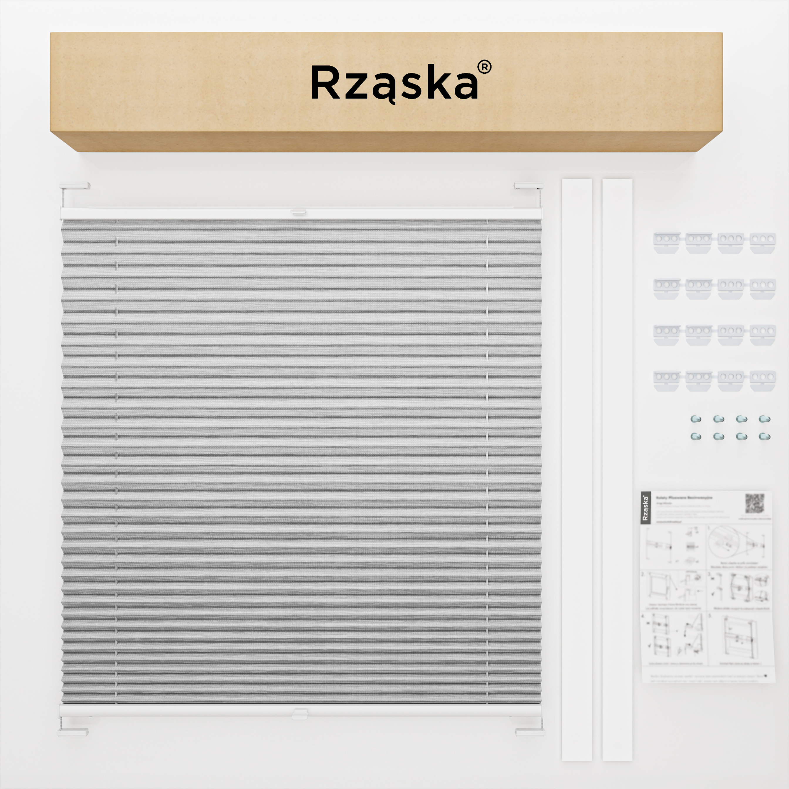 Plisa Rząska® na okno dachowe na wymiar, uchwyty Risinfix do przykręcania, kolekcja Dolomite w kolorze Szary sztorm, szarym z profilem białym.