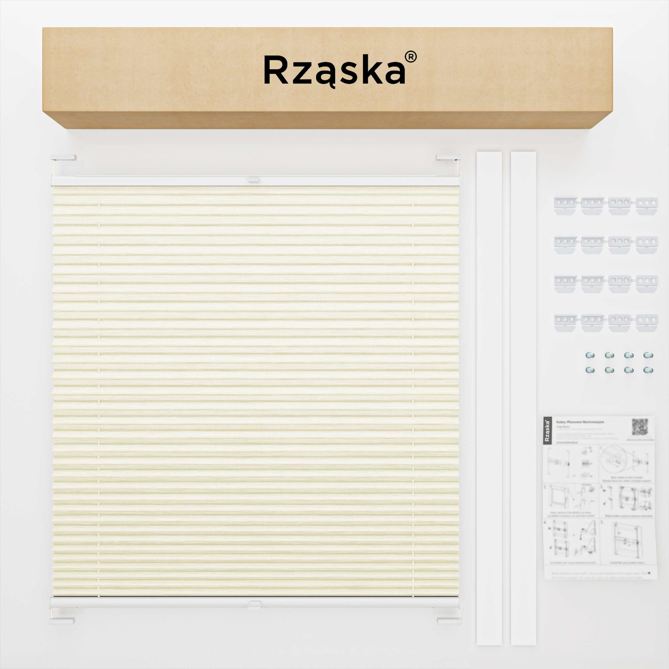 Plisa Rząska® na okno dachowe na wymiar, uchwyty Risinfix do przykręcania, kolekcja Dolomite w kolorze Waniliowe niebo, beżowym z profilem białym.