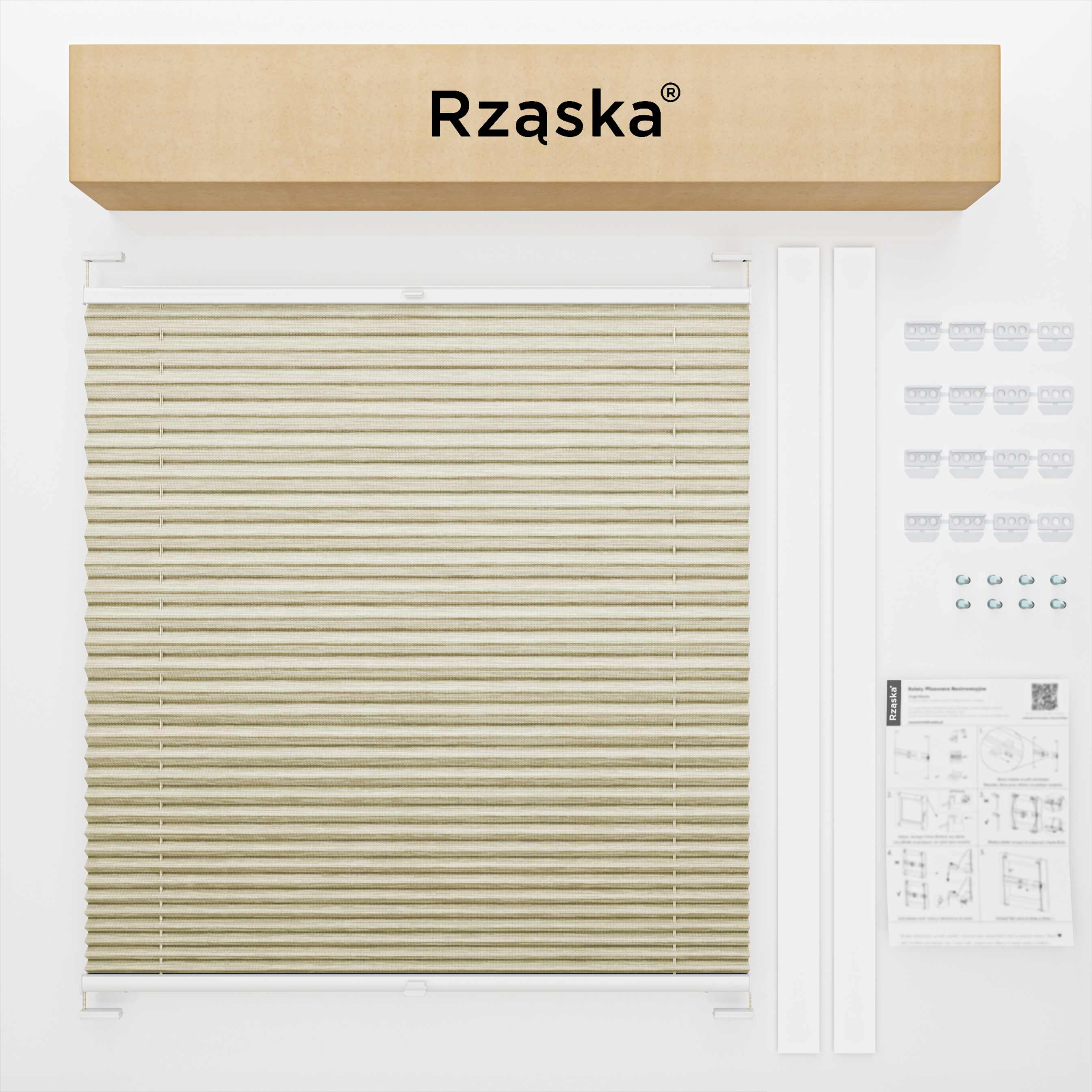 Plisa Rząska® na okno dachowe na wymiar, uchwyty Risinfix do przykręcania, kolekcja Dolomite w kolorze Lekka kawa, beżowym z profilem białym.