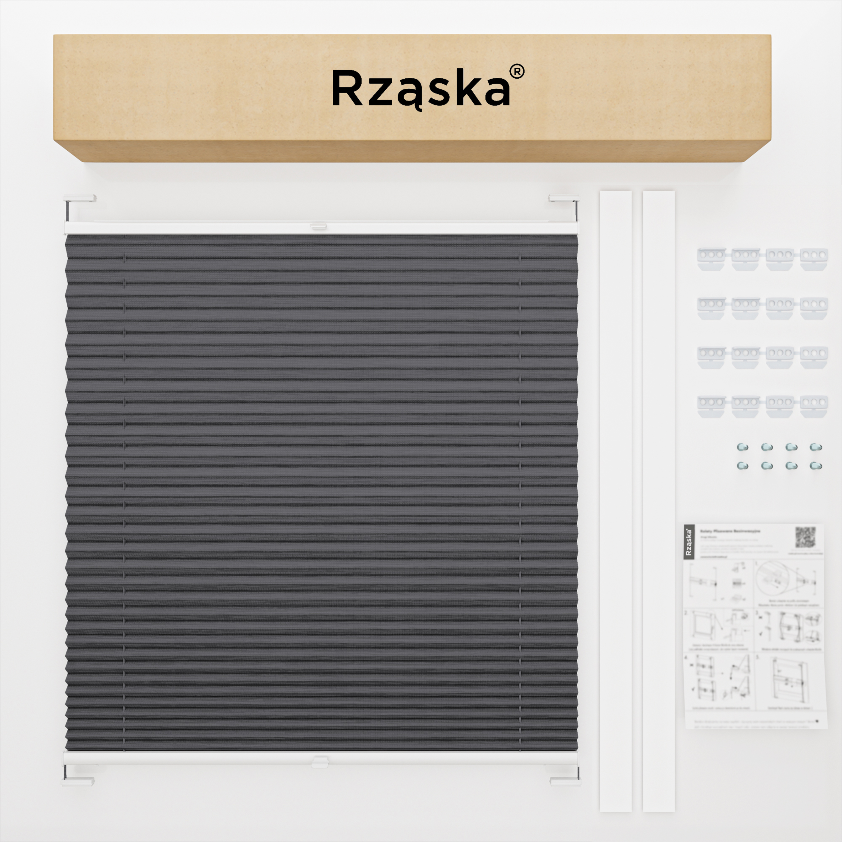 Plisa Rząska® na okno dachowe na wymiar, uchwyty Risinfix do przykręcania, kolekcja Dolomite w kolorze Ciemny vintage, szarym z profilem białym.