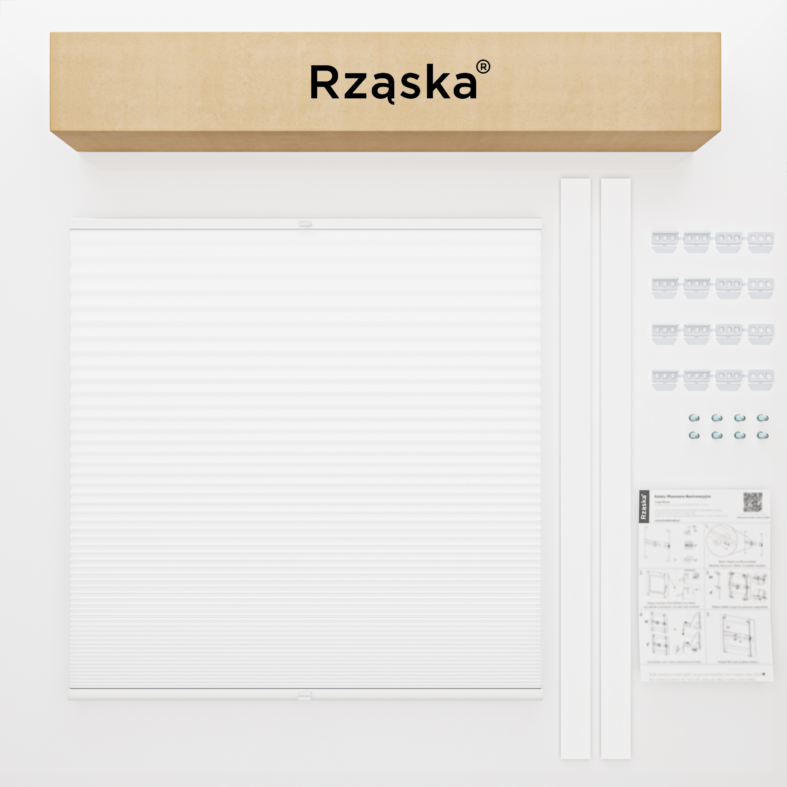 Rząska® Roleta na okno dachowe, uchwyty Risinfix do przykręcania, kolekcja Honeycomb o struktorze plastra miodu w kolorze Światło księżyca, białym z profilem białym.