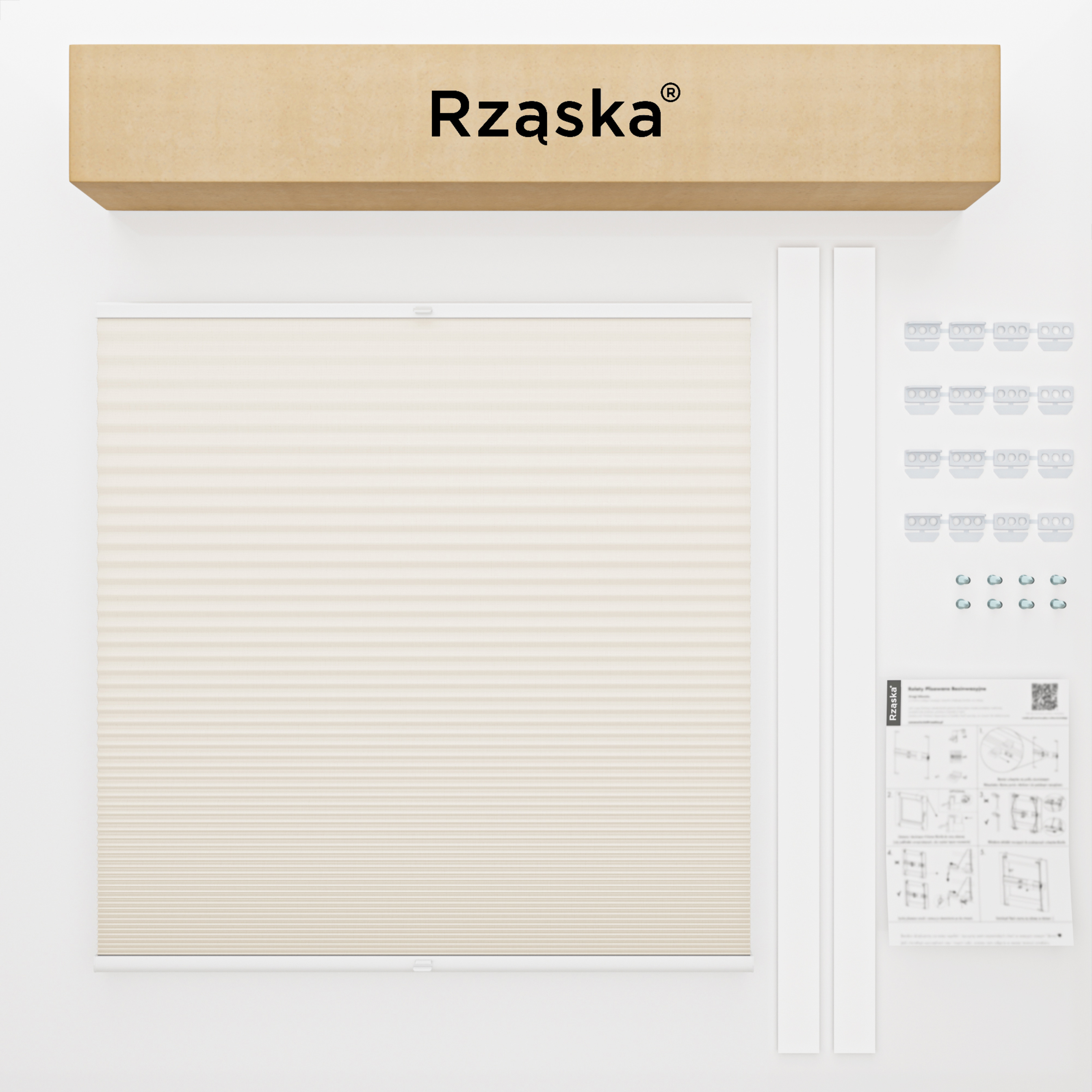 Rząska® Roleta na okno dachowe, uchwyty Risinfix do przykręcania, kolekcja Honeycomb o struktorze plastra miodu w kolorze Spokojne wybrzeże, beżowym z profilem białym.