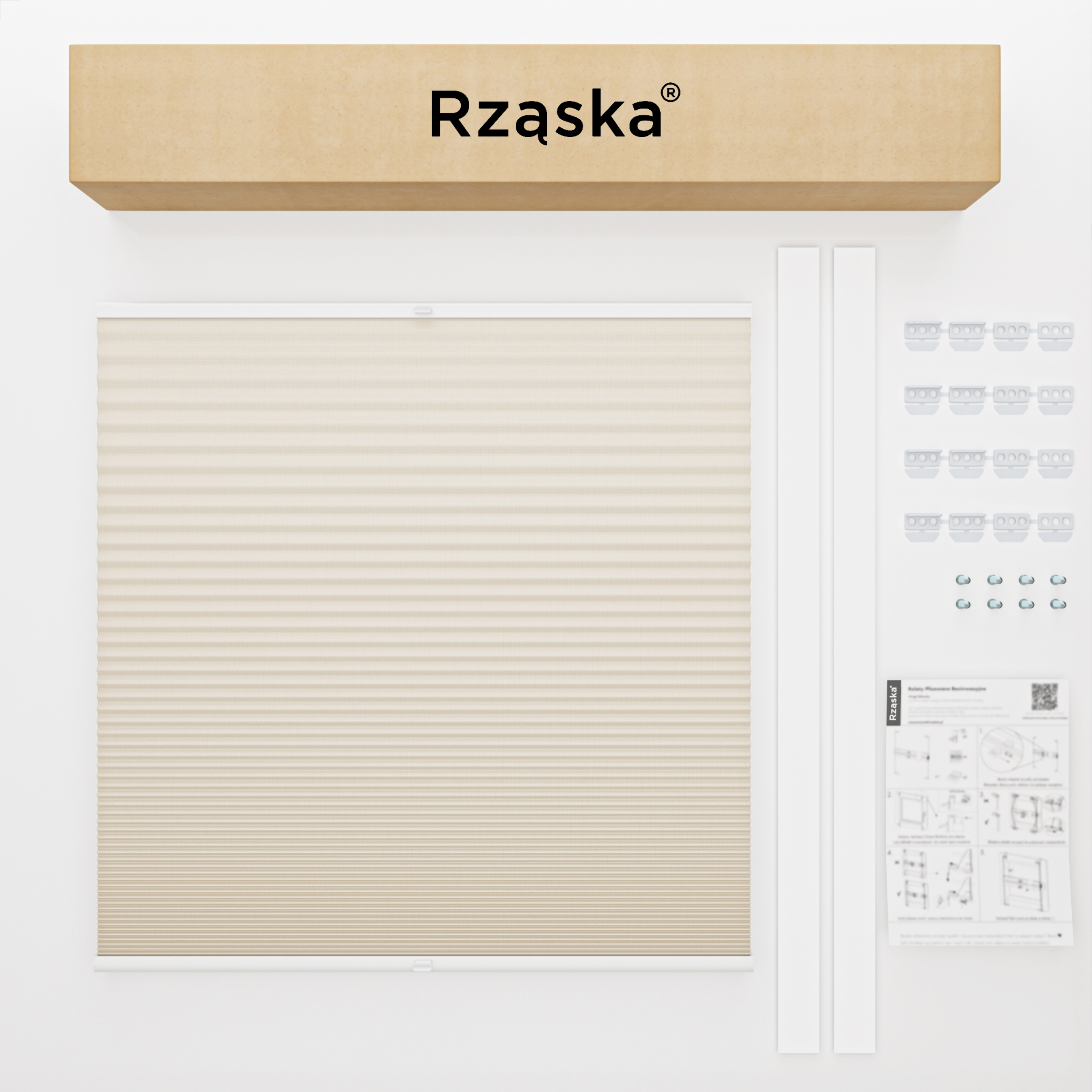 Rząska® Roleta na okno dachowe, uchwyty Risinfix do przykręcania, kolekcja Honeycomb o struktorze plastra miodu w kolorze Wydma, beżowym z profilem brązowym.