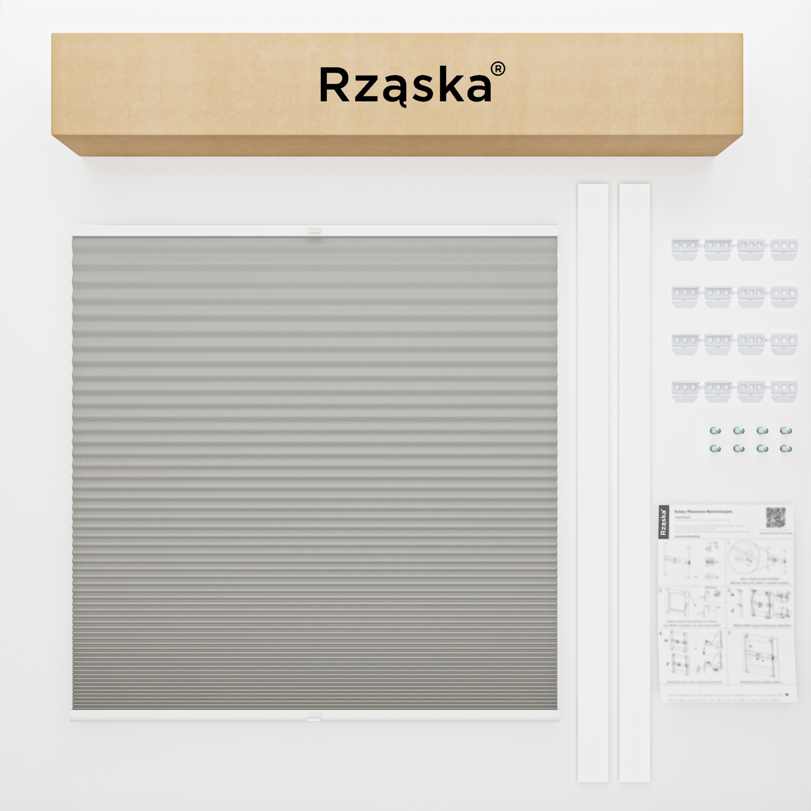 Rząska® Roleta na okno dachowe, uchwyty Risinfix do przykręcania, kolekcja Honeycomb o struktorze plastra miodu w kolorze Srebrna mgiełka, szarym z profilem srebrnym.