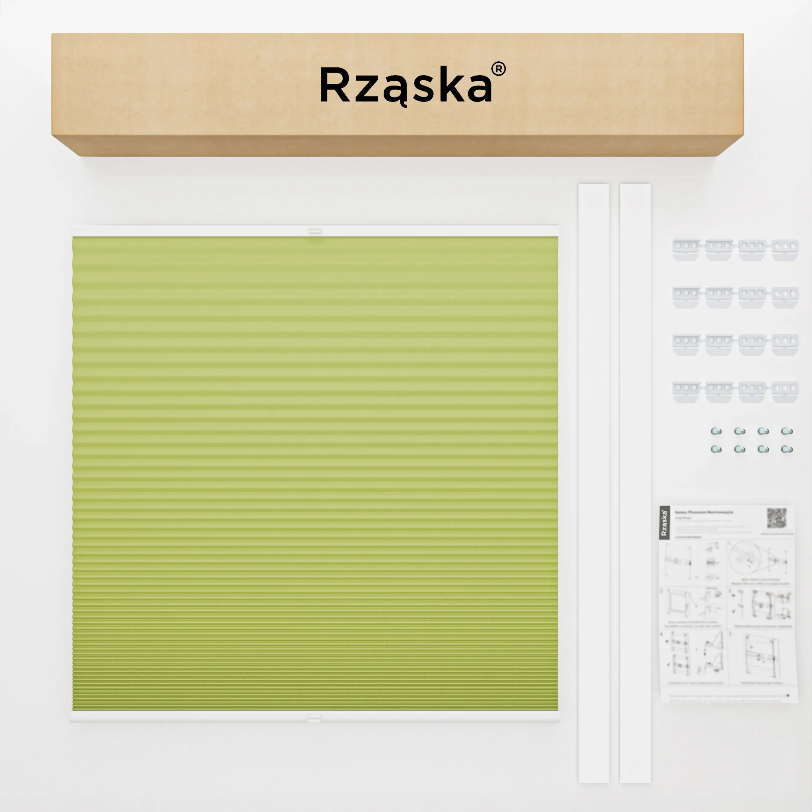 Rząska® Roleta na okno dachowe, uchwyty Risinfix do przykręcania, kolekcja Honeycomb o struktorze plastra miodu w kolorze Zielona herbata, zielonym z profilem białym.