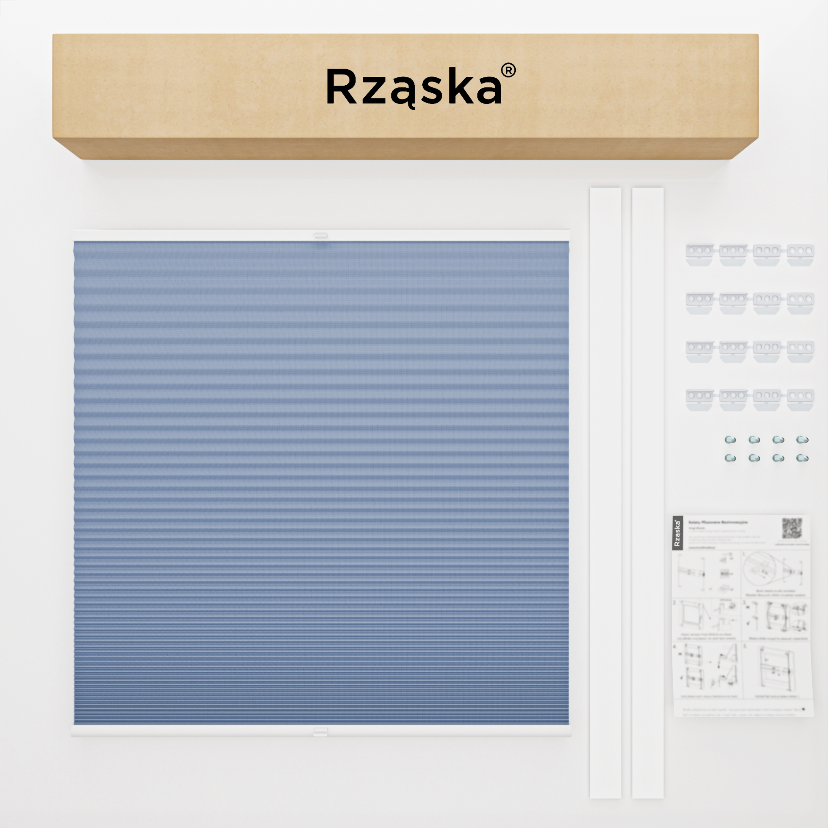 Rząska® Roleta na okno dachowe, uchwyty Risinfix do przykręcania, kolekcja Honeycomb o struktorze plastra miodu w kolorze Lodowy Ocean, jasnoniebieskim z profilem białym.