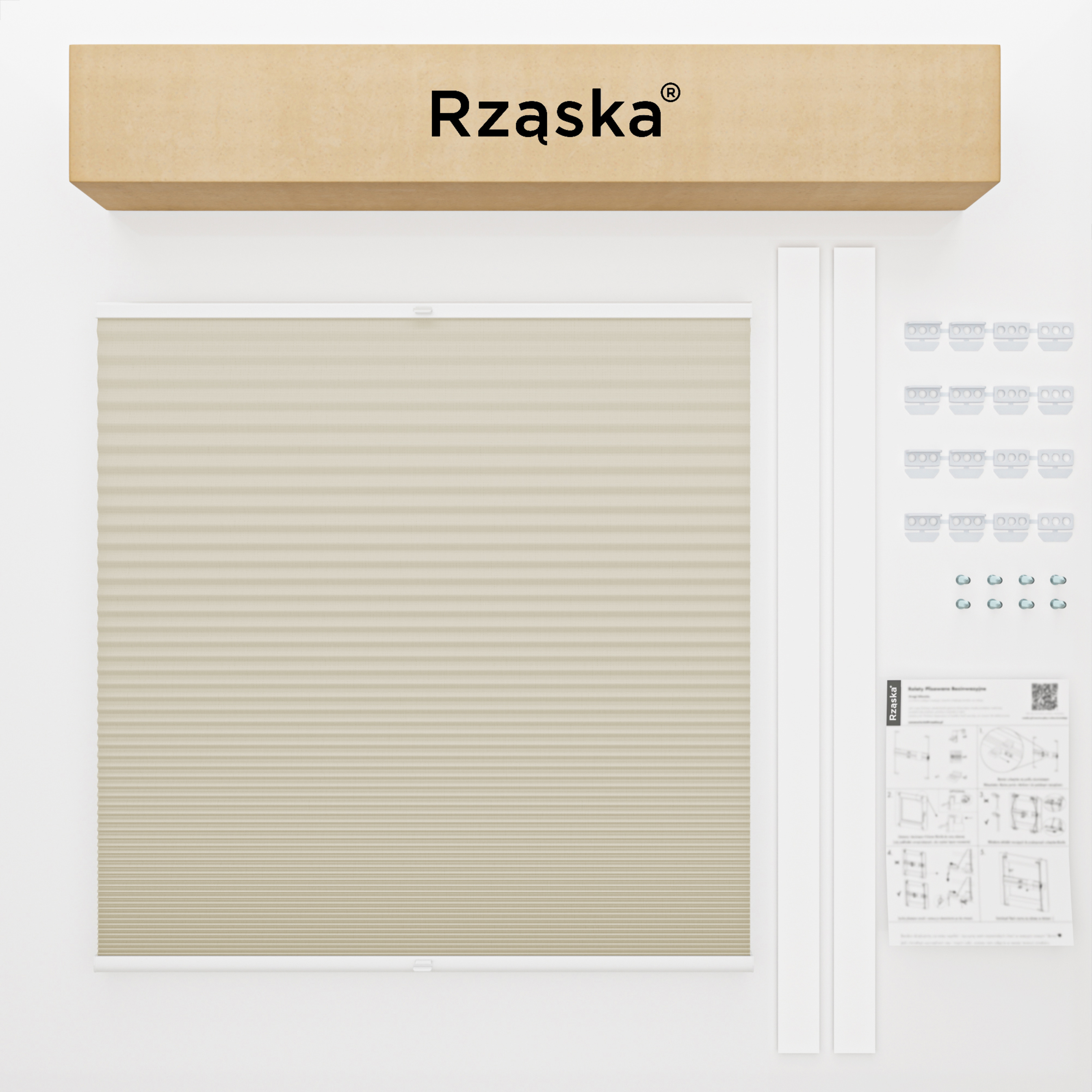 Rząska® Roleta na okno dachowe, uchwyty Risinfix do przykręcania, kolekcja Honeycomb o struktorze plastra miodu w kolorze Belgijskie Gofry, kremowy z profilem białym.