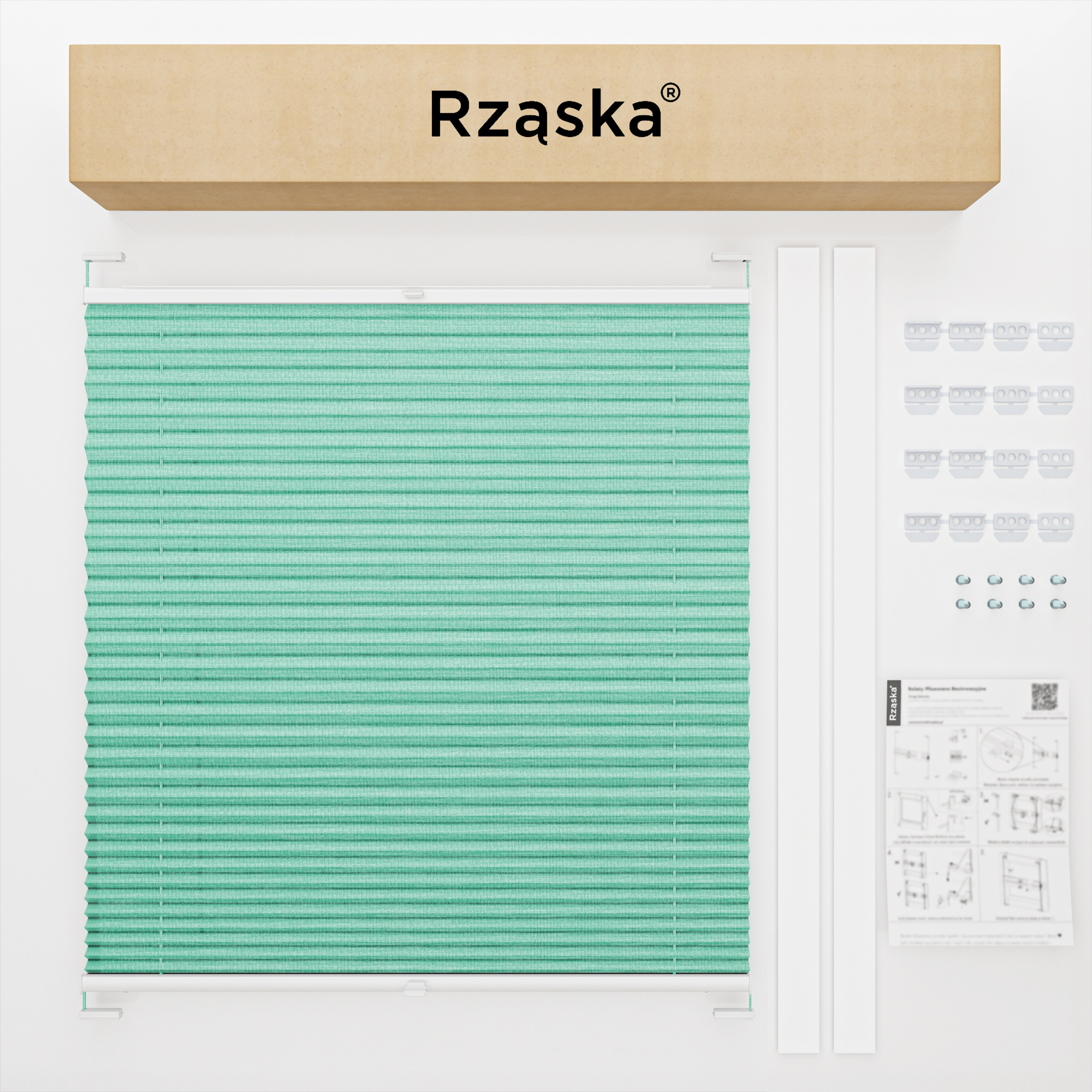 Plisa dachowa Rząska® z prowadnicami na wymiar, uchwyty Risinfix do przykręcania, kolekcja Melange w kolorze Miętowe lody, zielonym z profilem białym.
