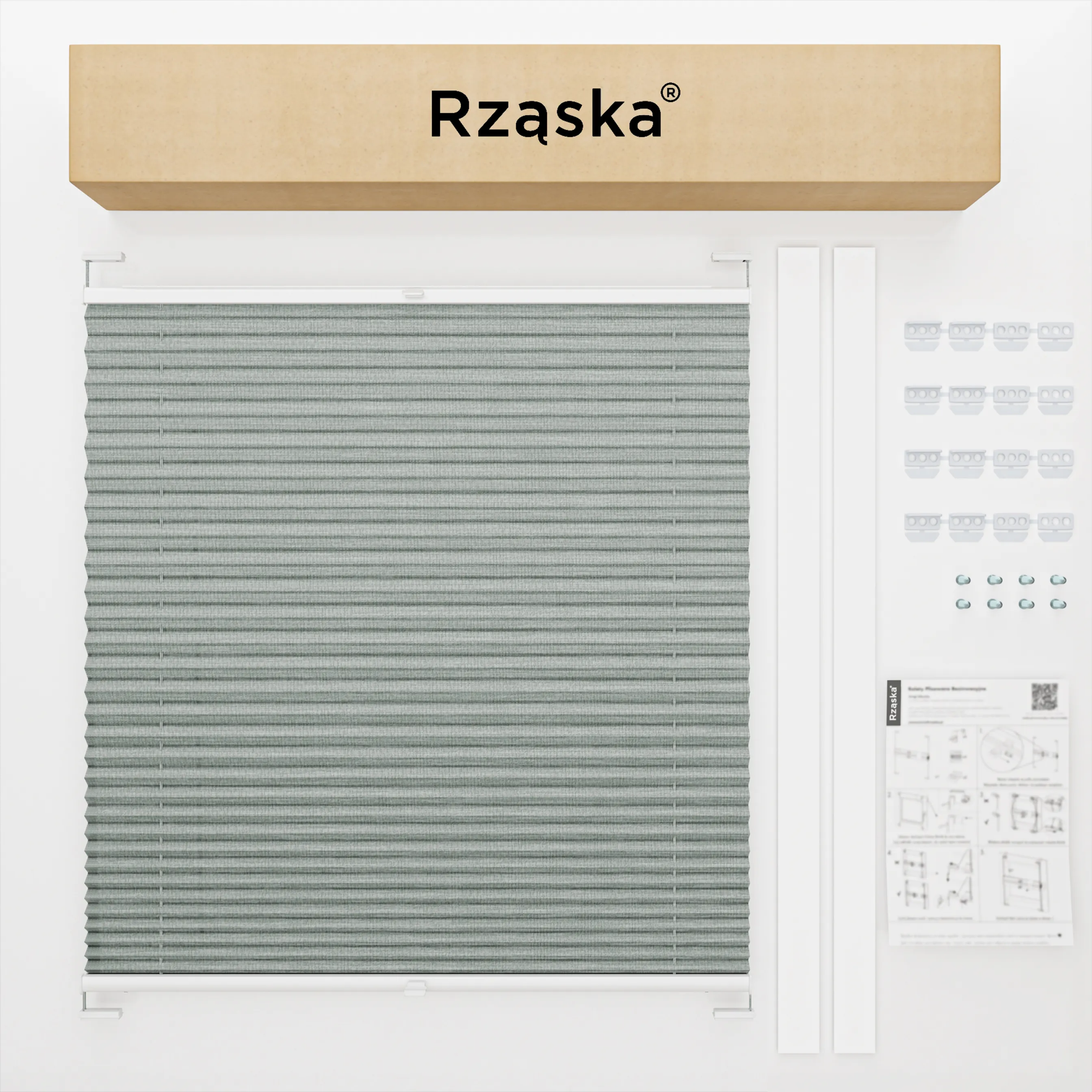 Plisa dachowa Rząska® z prowadnicami na wymiar, uchwyty Risinfix do przykręcania, kolekcja Melange w kolorze W drodze, szarym z profilem białym.