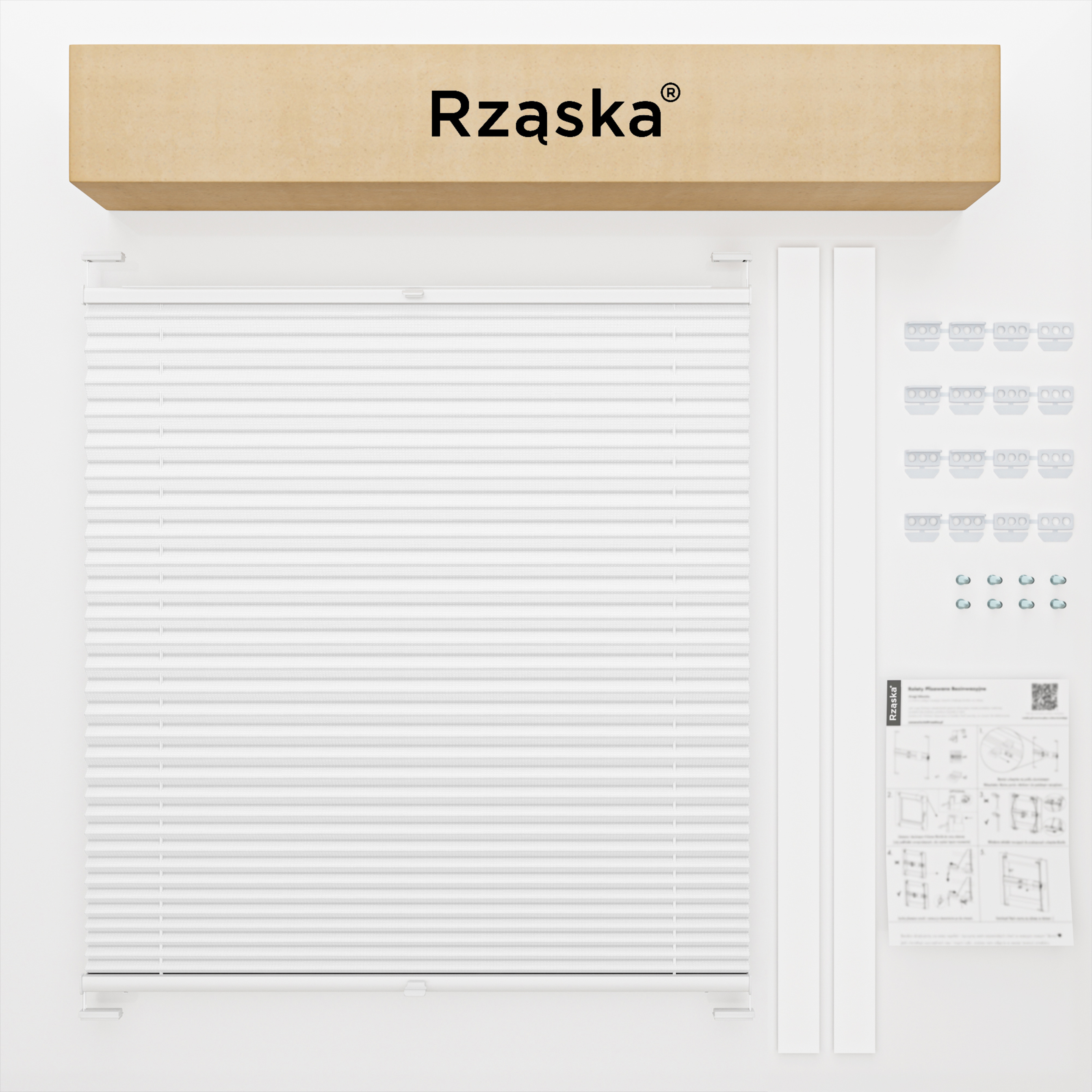 Roleta plisowana dachowa Rząska® na wymiar, uchwyty Risinfix do przykręcania, kolekcja Premium w kolorze Białe święto, białym z profilem antracytowym.